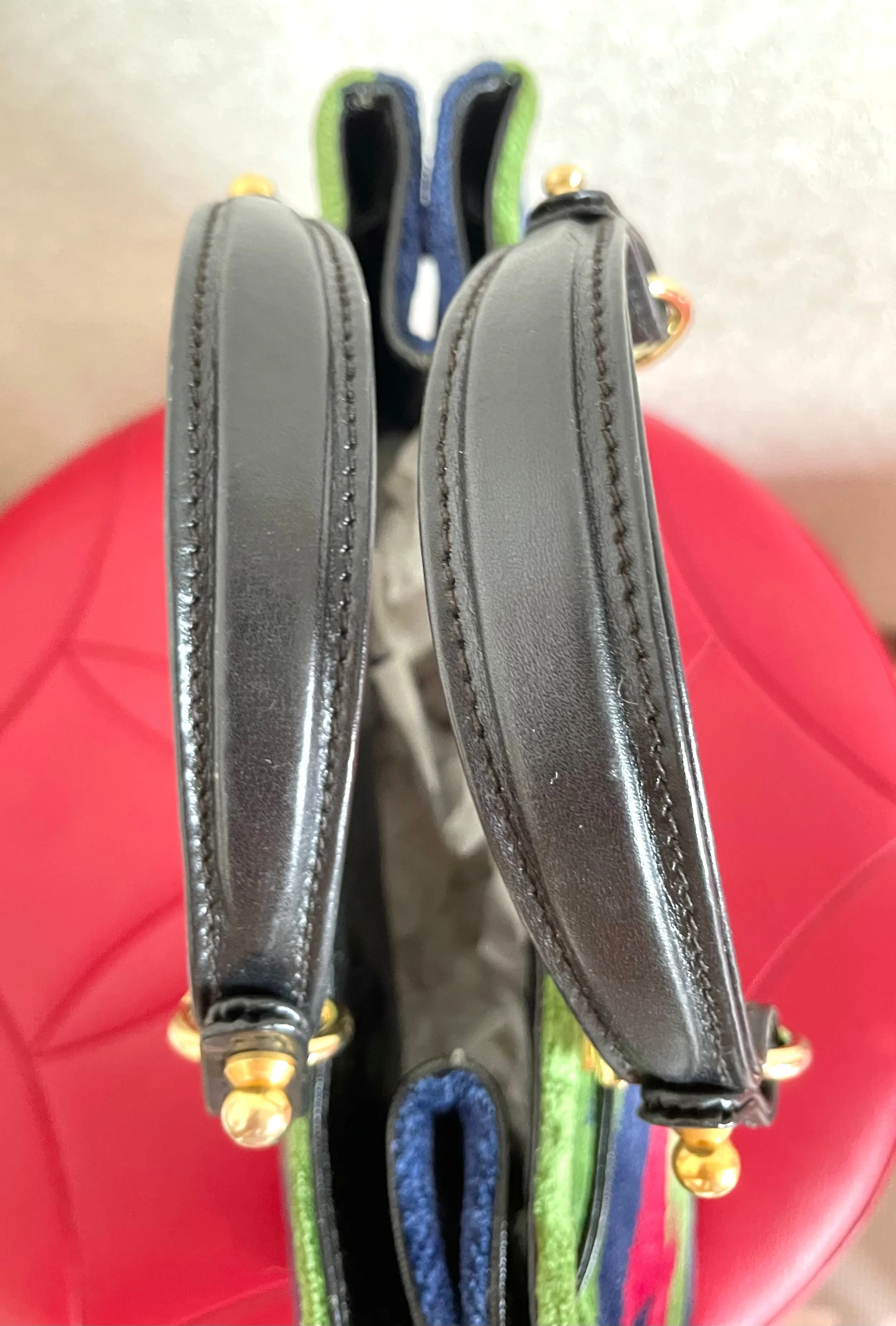 Vintage Roberta di Camerino navy, green, and red thunder chevron velvet weaving doctor bag with buckle strap leather handles. 0406221