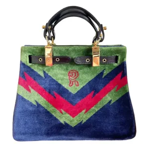 Vintage Roberta di Camerino navy, green, and red thunder chevron velvet weaving doctor bag with buckle strap leather handles. 0406221