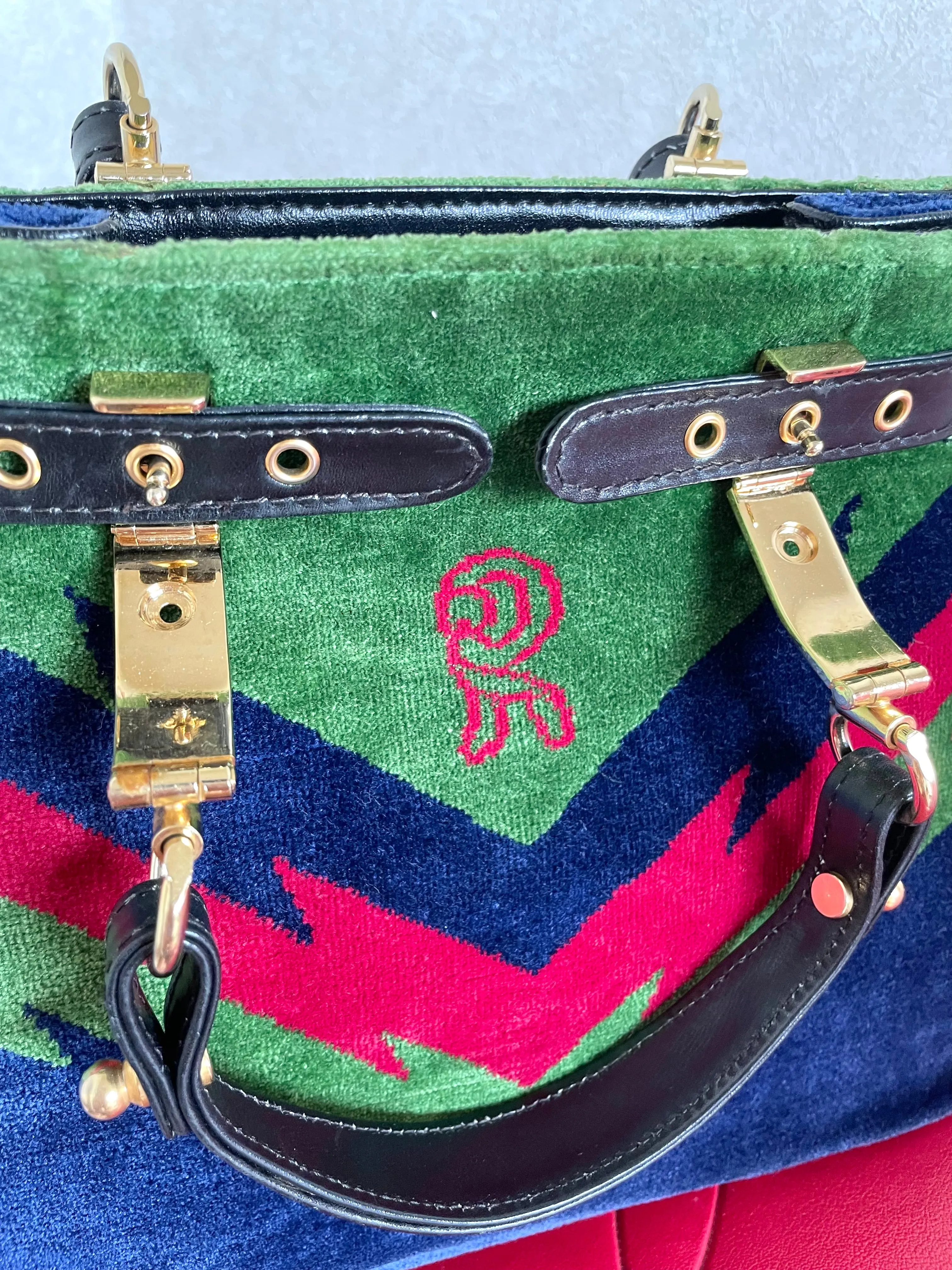 Vintage Roberta di Camerino navy, green, and red thunder chevron velvet weaving doctor bag with buckle strap leather handles. 0406221