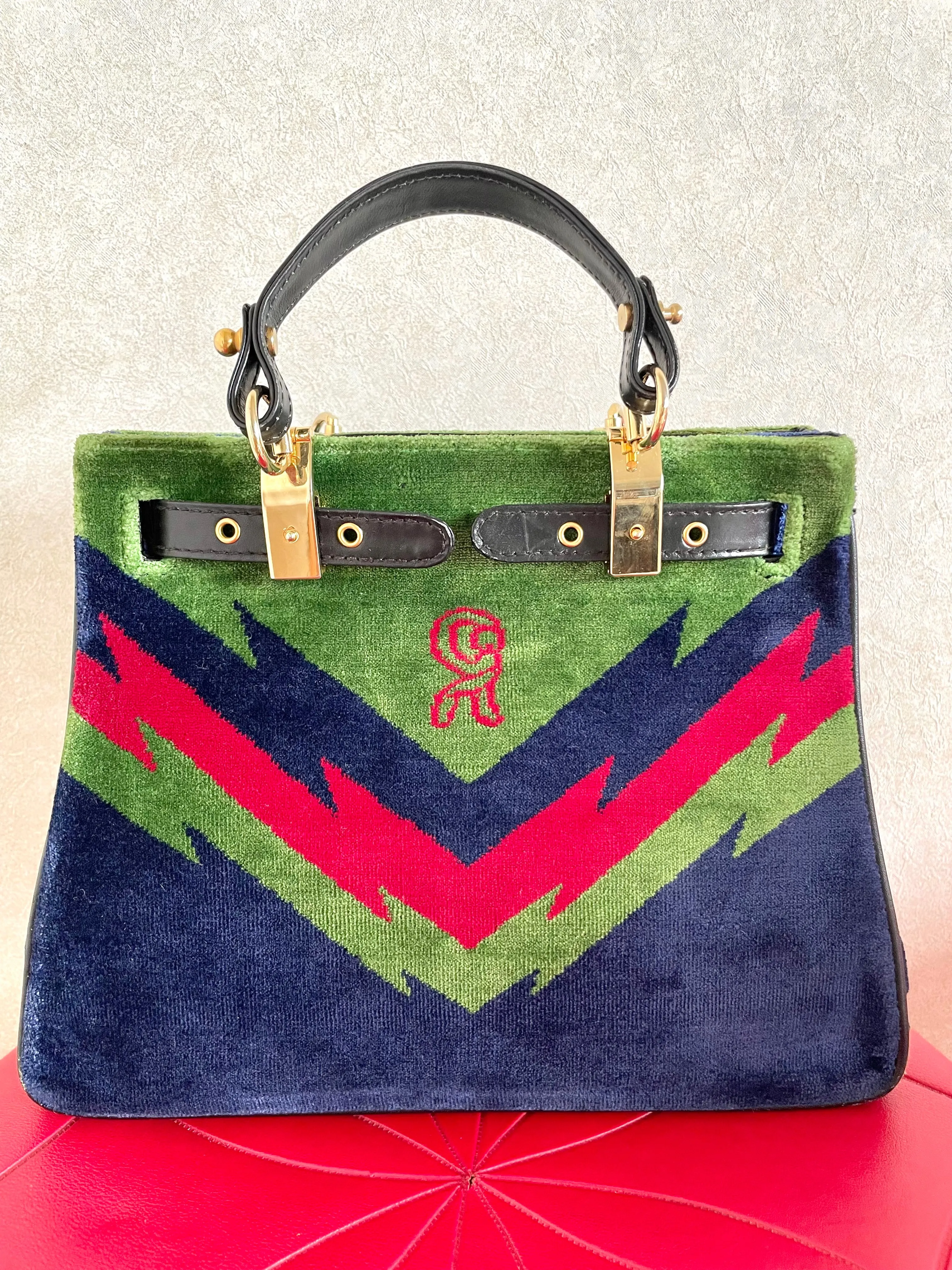 Vintage Roberta di Camerino navy, green, and red thunder chevron velvet weaving doctor bag with buckle strap leather handles. 0406221