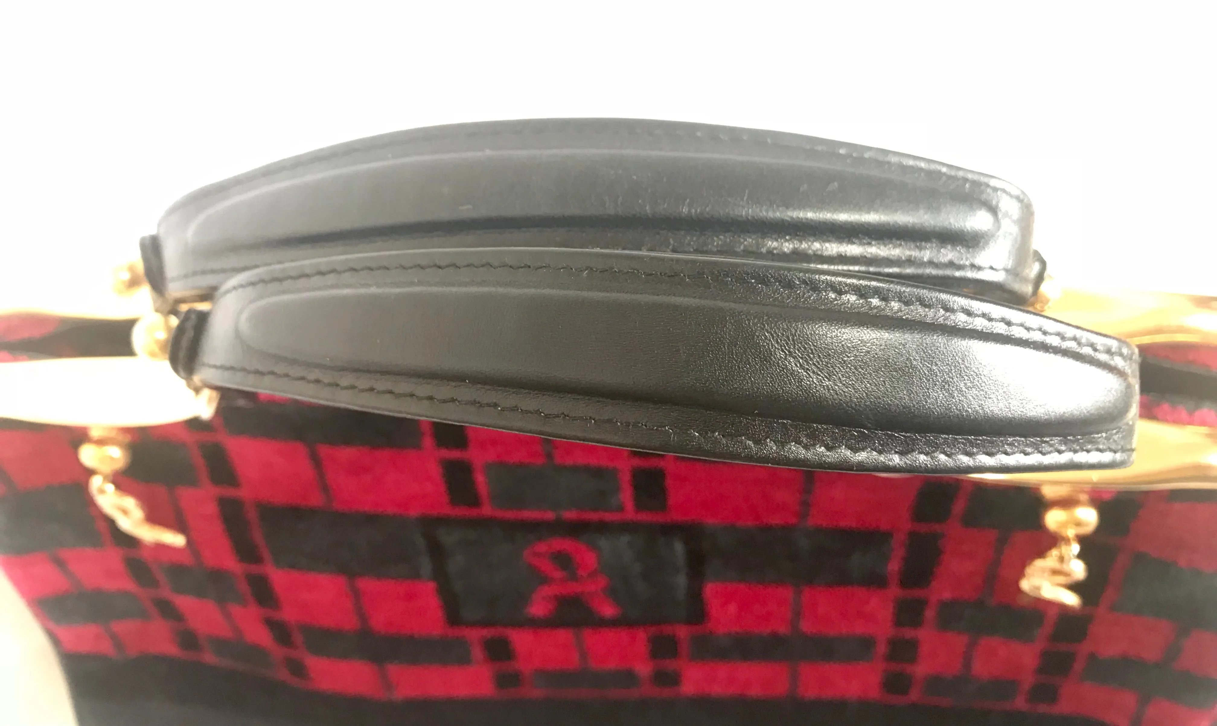 Vintage Roberta di Camerino wine red, grey, and black geometric pattern velvet handbag with golden logo charms.  060905r6