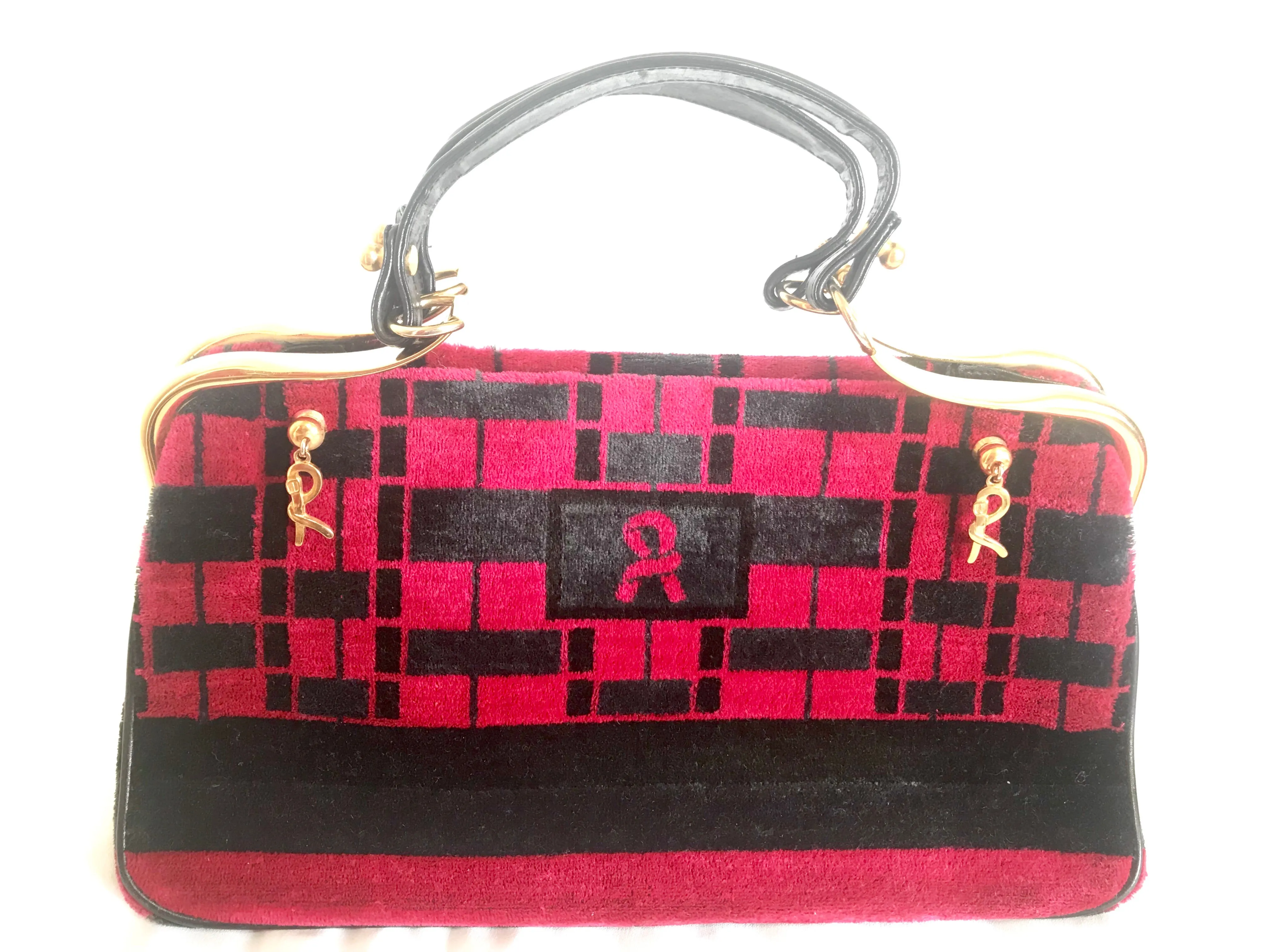 Vintage Roberta di Camerino wine red, grey, and black geometric pattern velvet handbag with golden logo charms.  060905r6