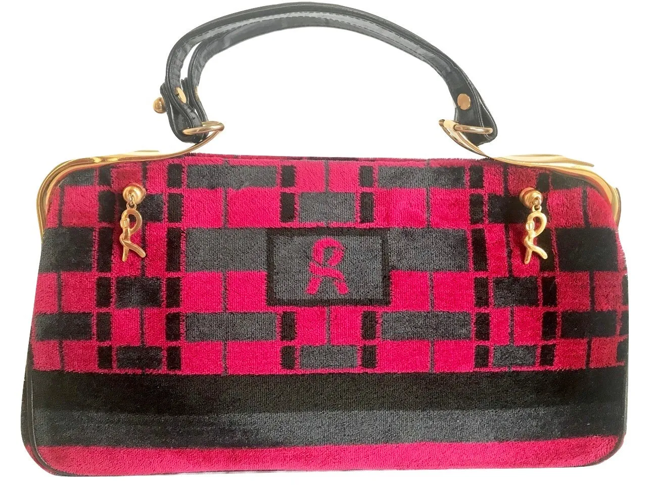 Vintage Roberta di Camerino wine red, grey, and black geometric pattern velvet handbag with golden logo charms.  060905r6