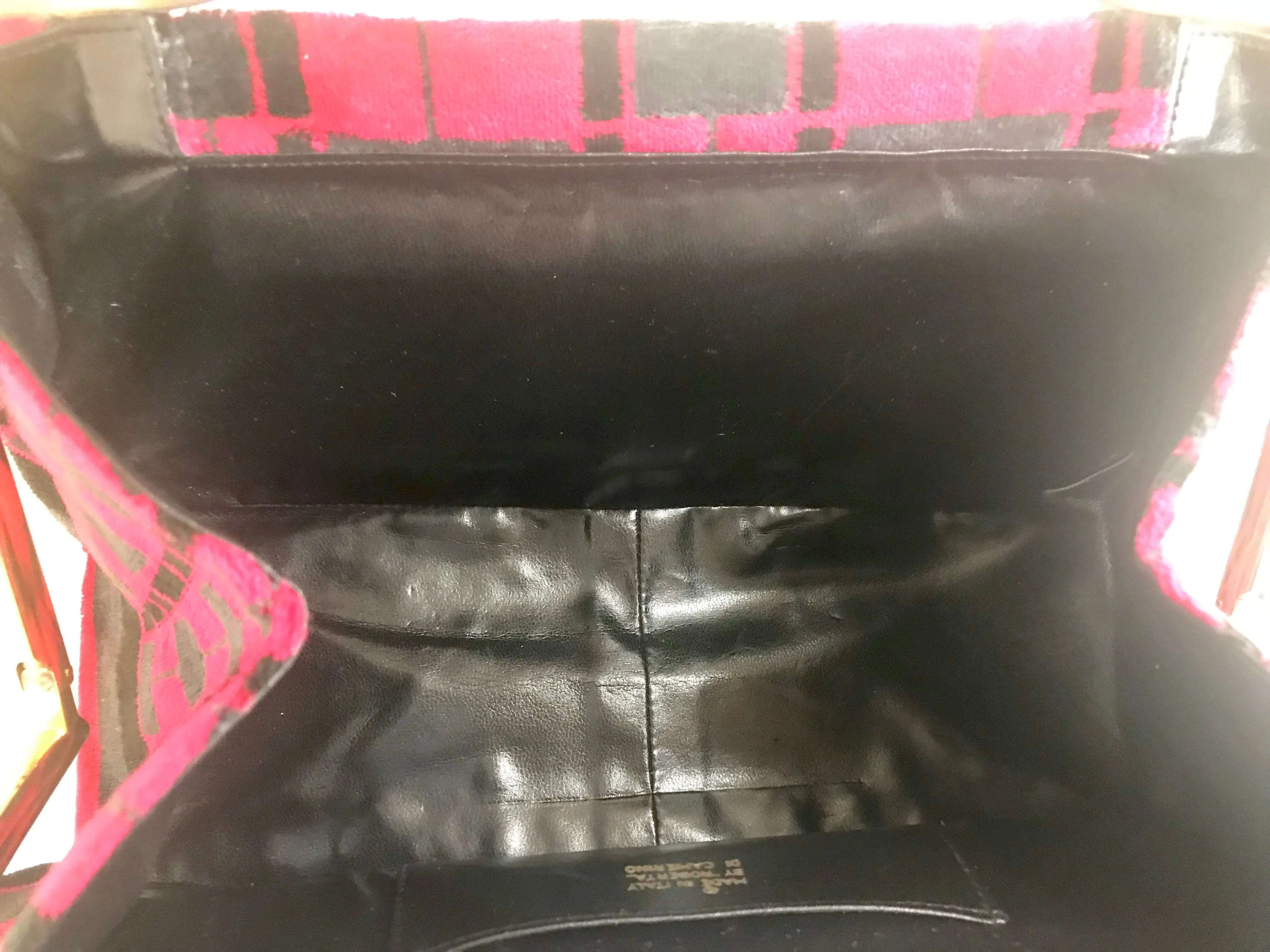 Vintage Roberta di Camerino wine red, grey, and black geometric pattern velvet handbag with golden logo charms.  060905r6