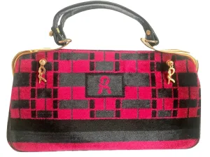 Vintage Roberta di Camerino wine red, grey, and black geometric pattern velvet handbag with golden logo charms.  060905r6
