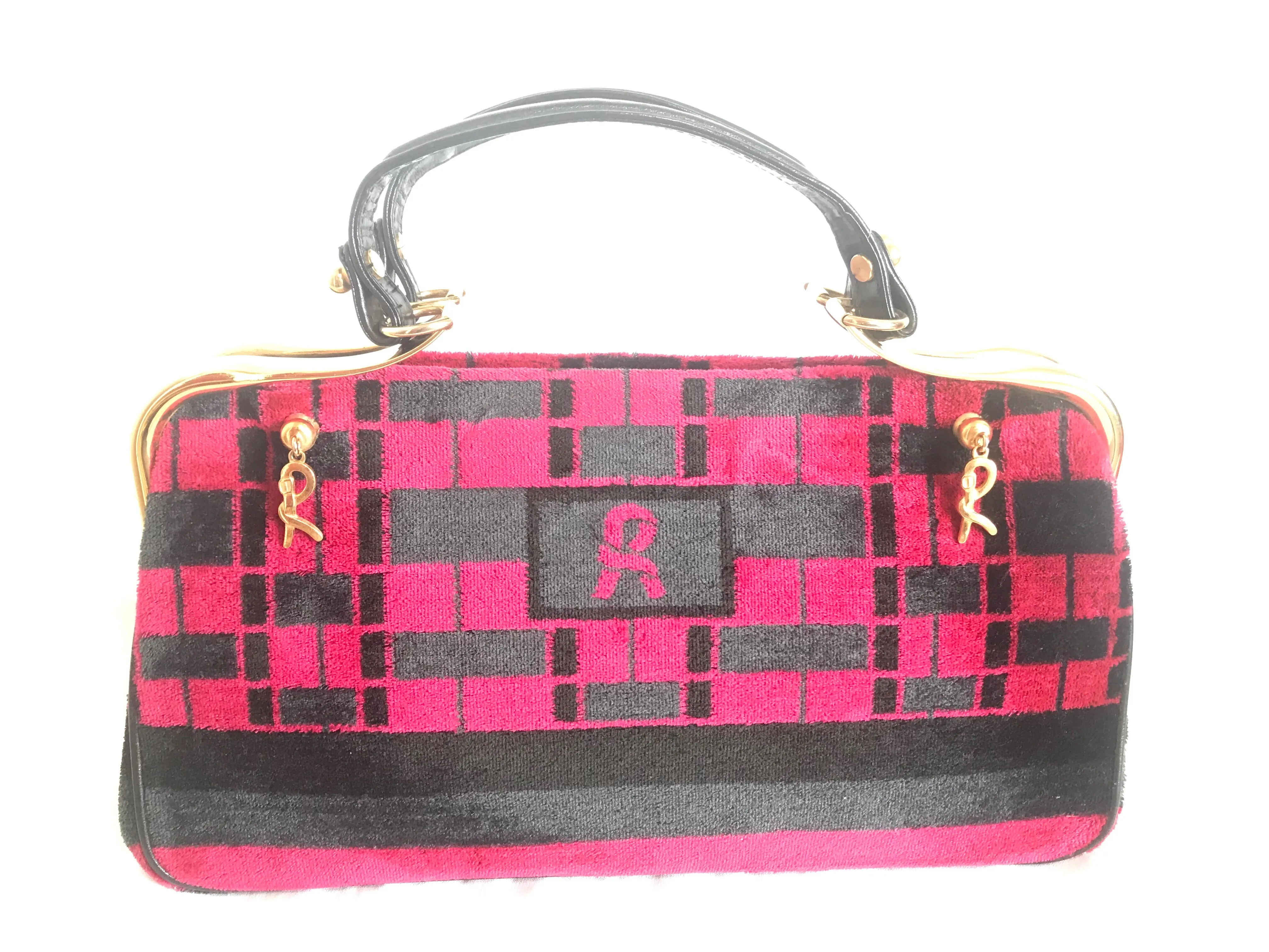 Vintage Roberta di Camerino wine red, grey, and black geometric pattern velvet handbag with golden logo charms.  060905r6