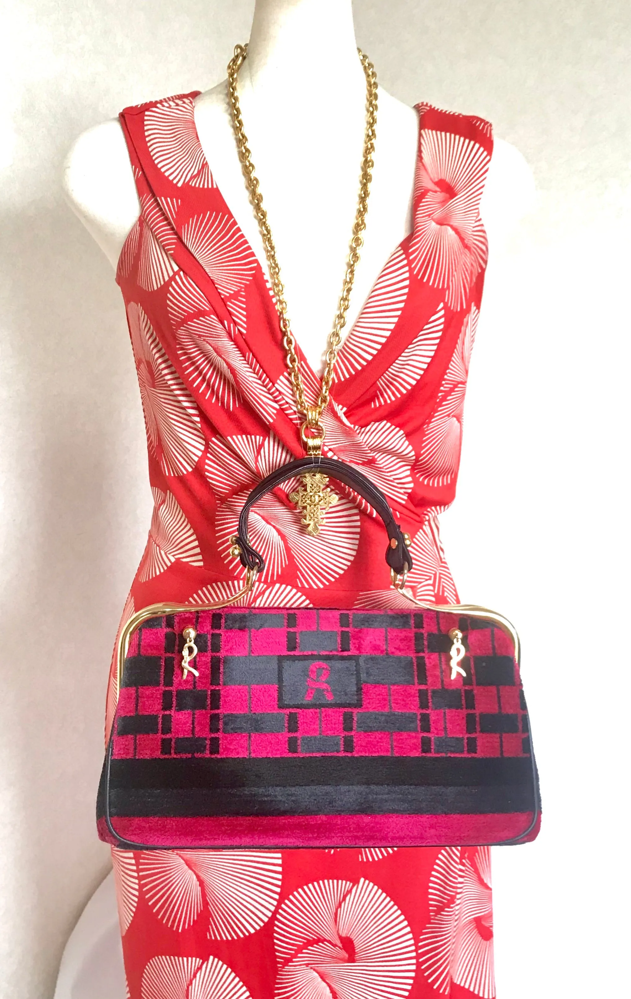 Vintage Roberta di Camerino wine red, grey, and black geometric pattern velvet handbag with golden logo charms.  060905r6