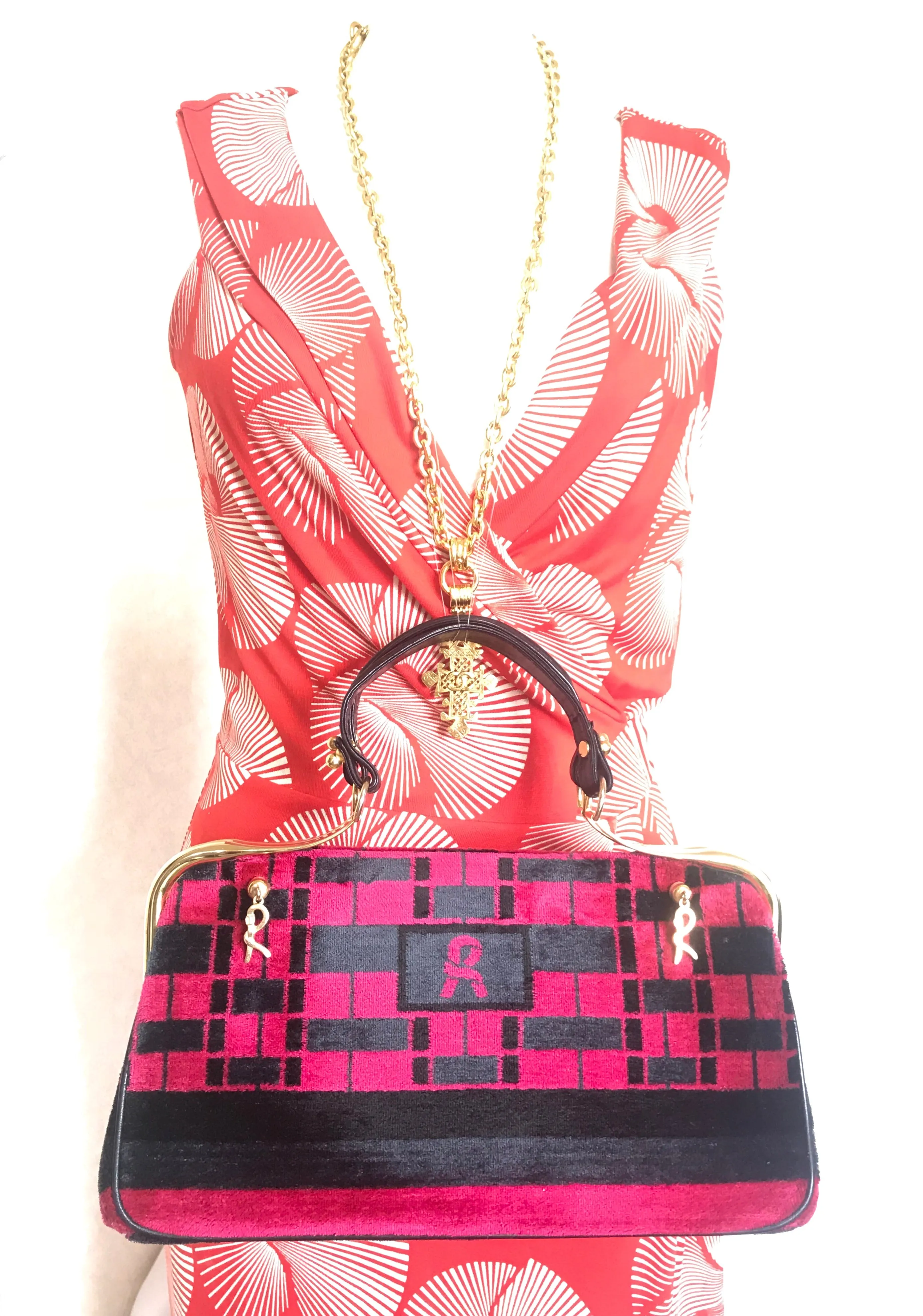 Vintage Roberta di Camerino wine red, grey, and black geometric pattern velvet handbag with golden logo charms.  060905r6