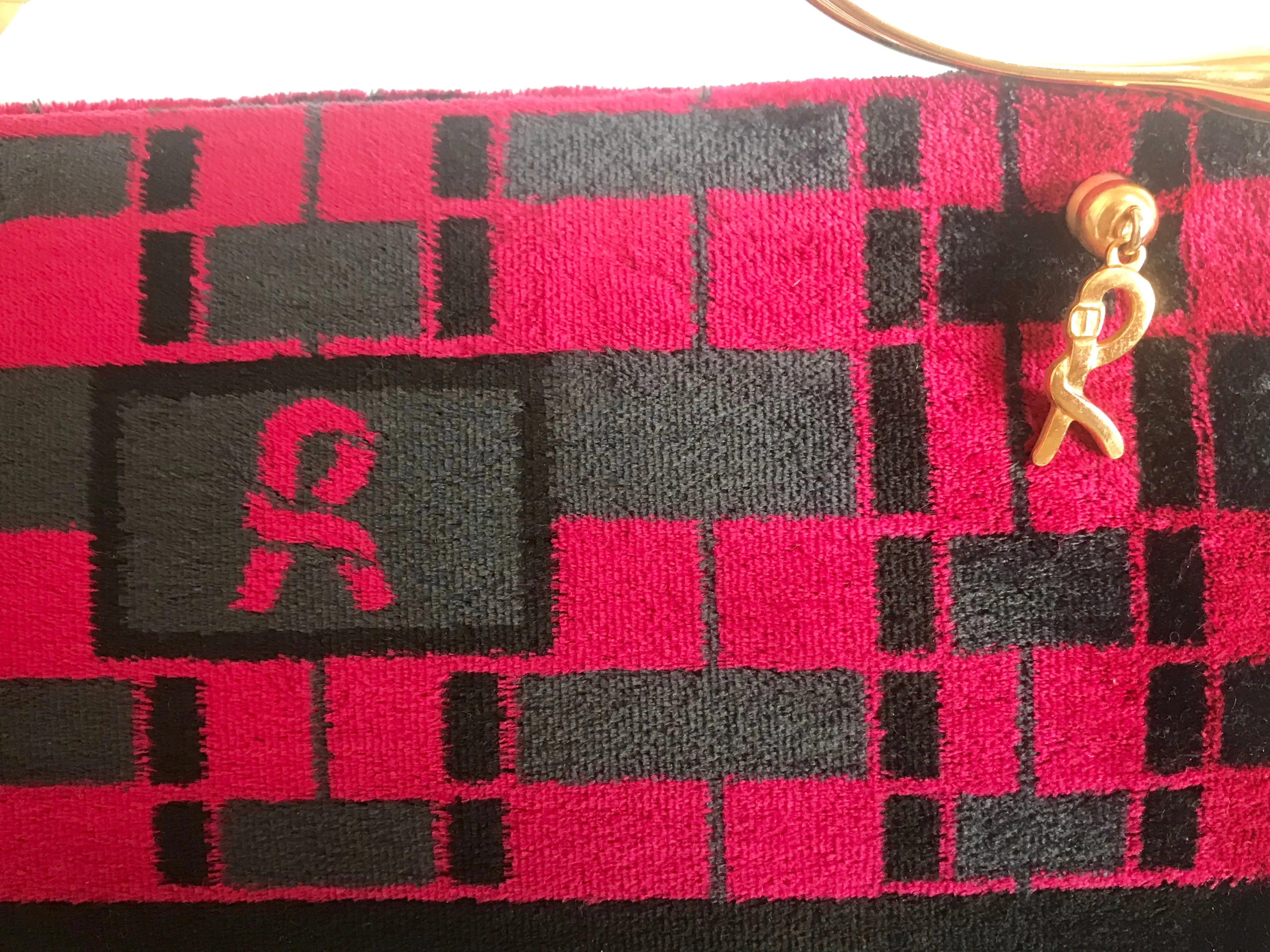 Vintage Roberta di Camerino wine red, grey, and black geometric pattern velvet handbag with golden logo charms.  060905r6