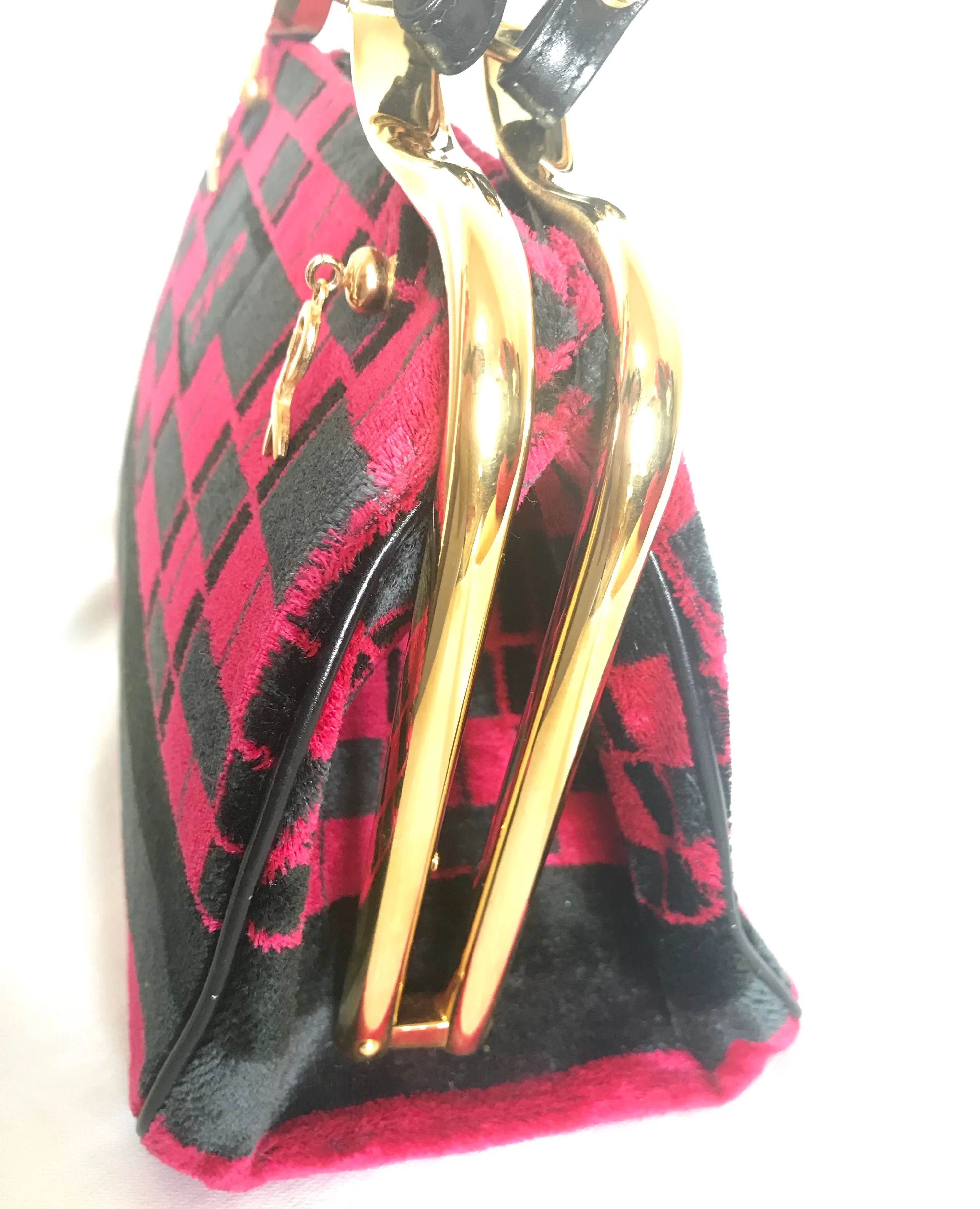 Vintage Roberta di Camerino wine red, grey, and black geometric pattern velvet handbag with golden logo charms.  060905r6