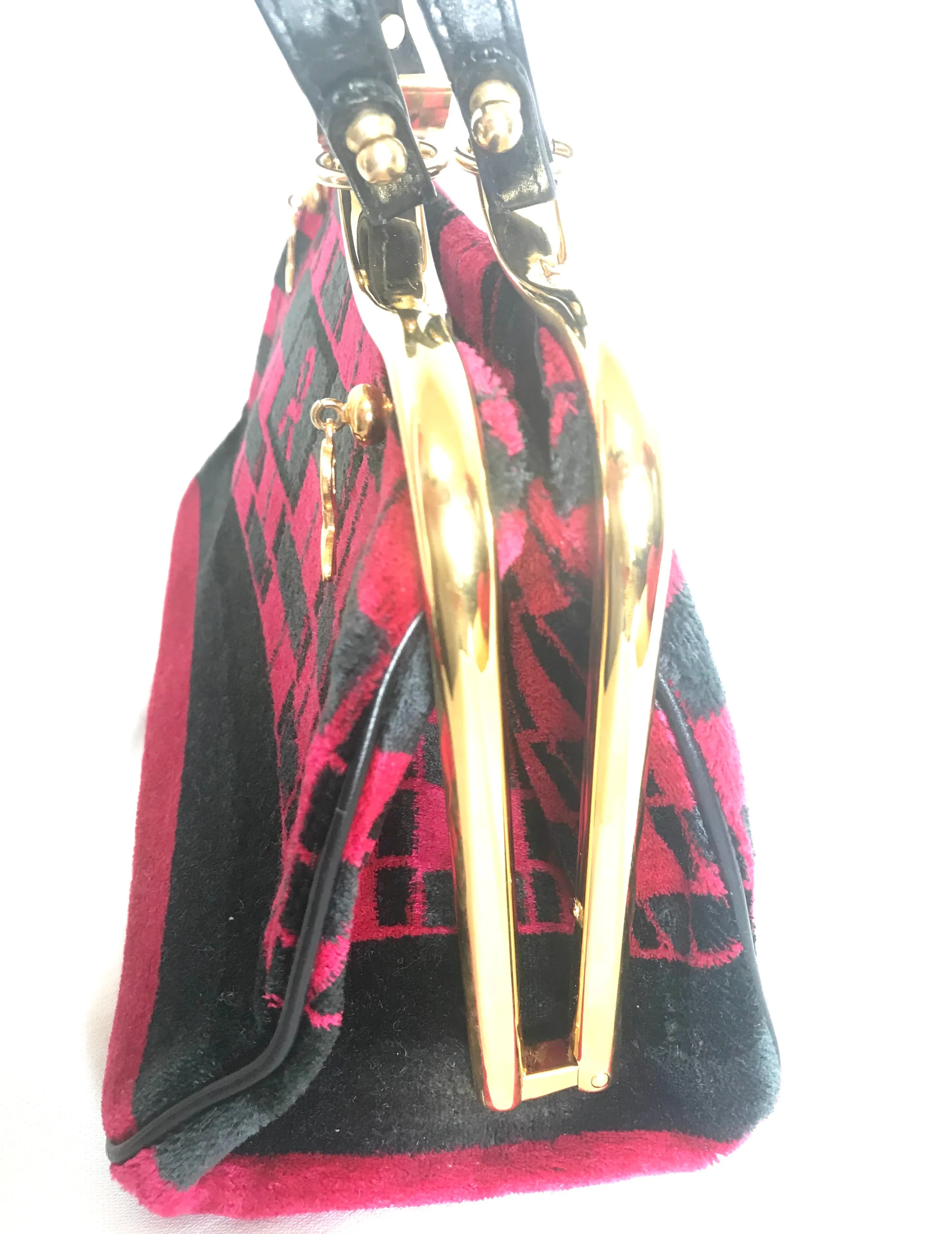 Vintage Roberta di Camerino wine red, grey, and black geometric pattern velvet handbag with golden logo charms.  060905r6