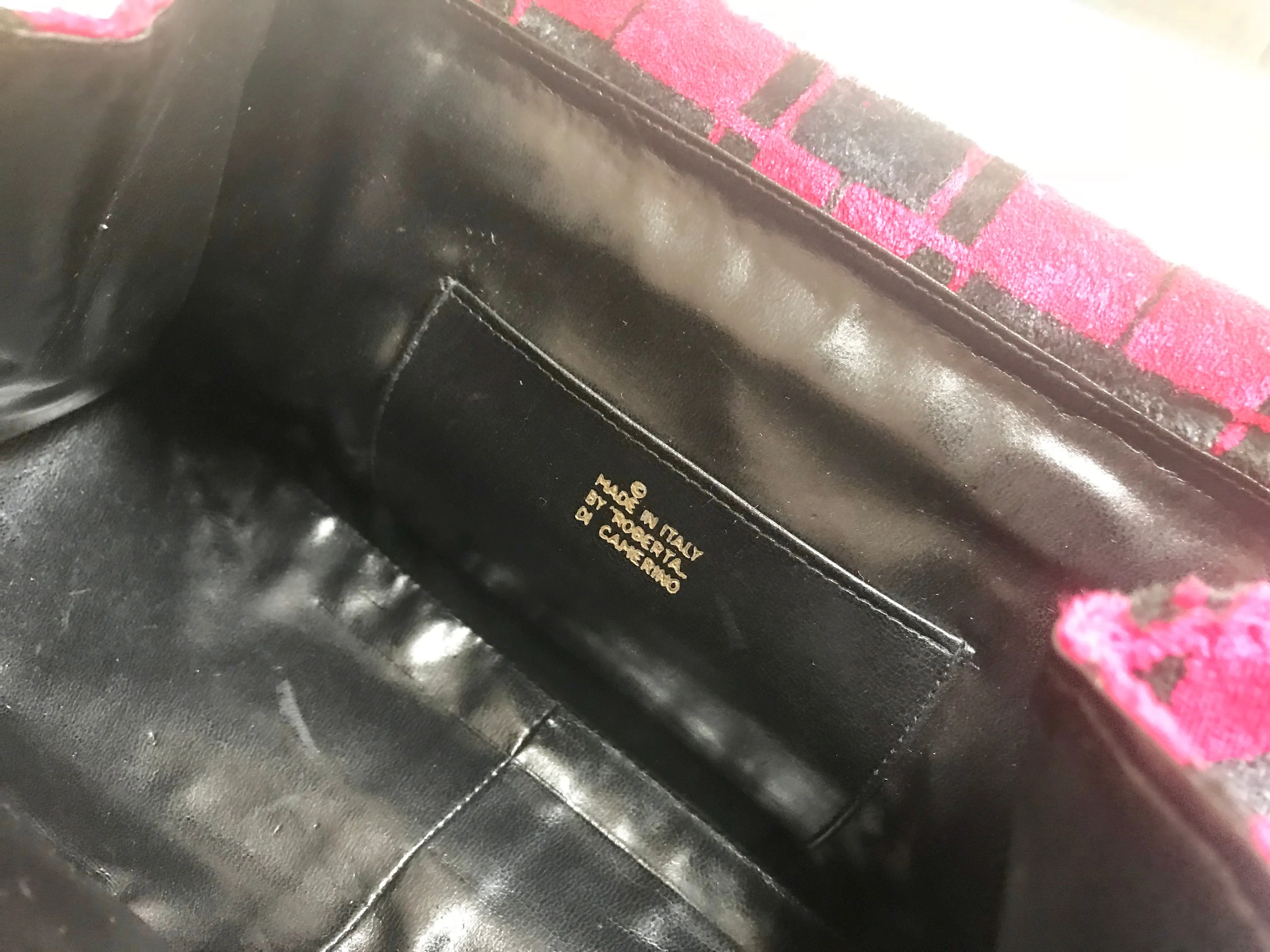 Vintage Roberta di Camerino wine red, grey, and black geometric pattern velvet handbag with golden logo charms.  060905r6