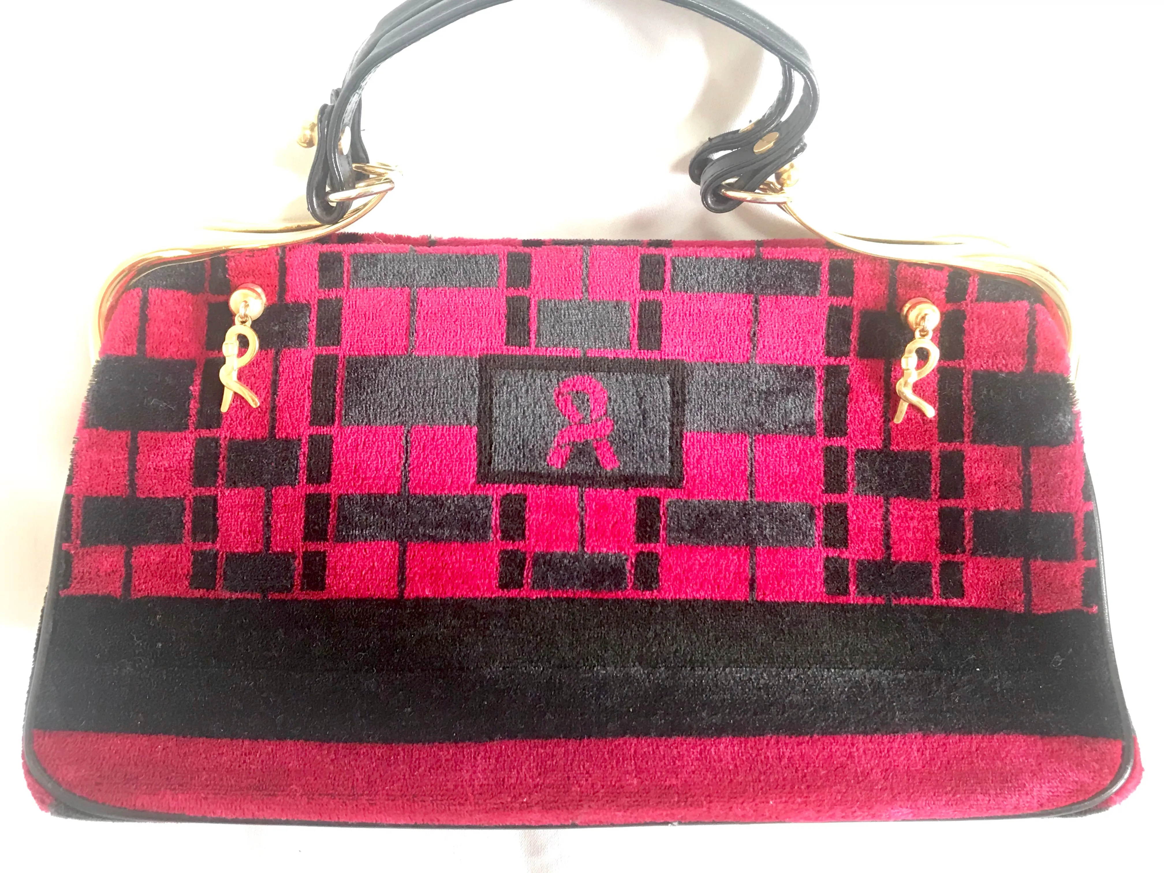 Vintage Roberta di Camerino wine red, grey, and black geometric pattern velvet handbag with golden logo charms.  060905r6