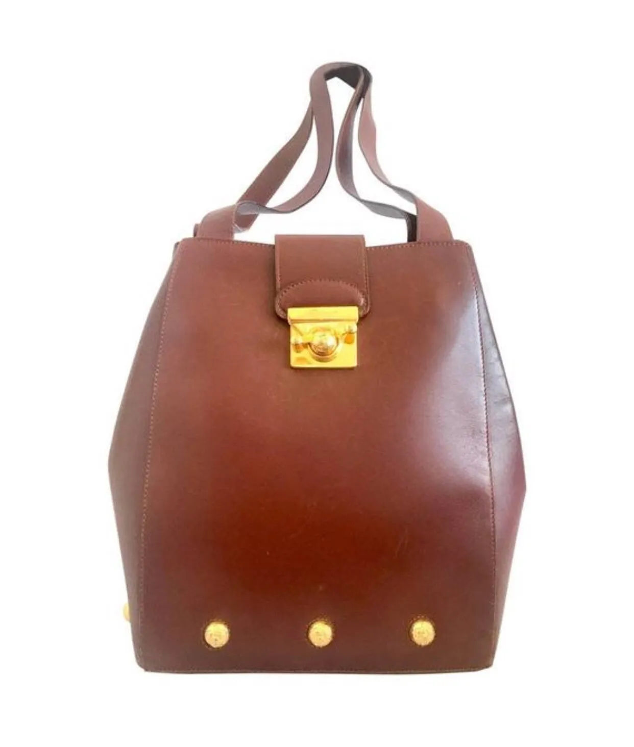 Vintage Salvatore Ferragamo brown leather purse with gold tone elegant closure. Featuring Ferragamo charms. 060516re4