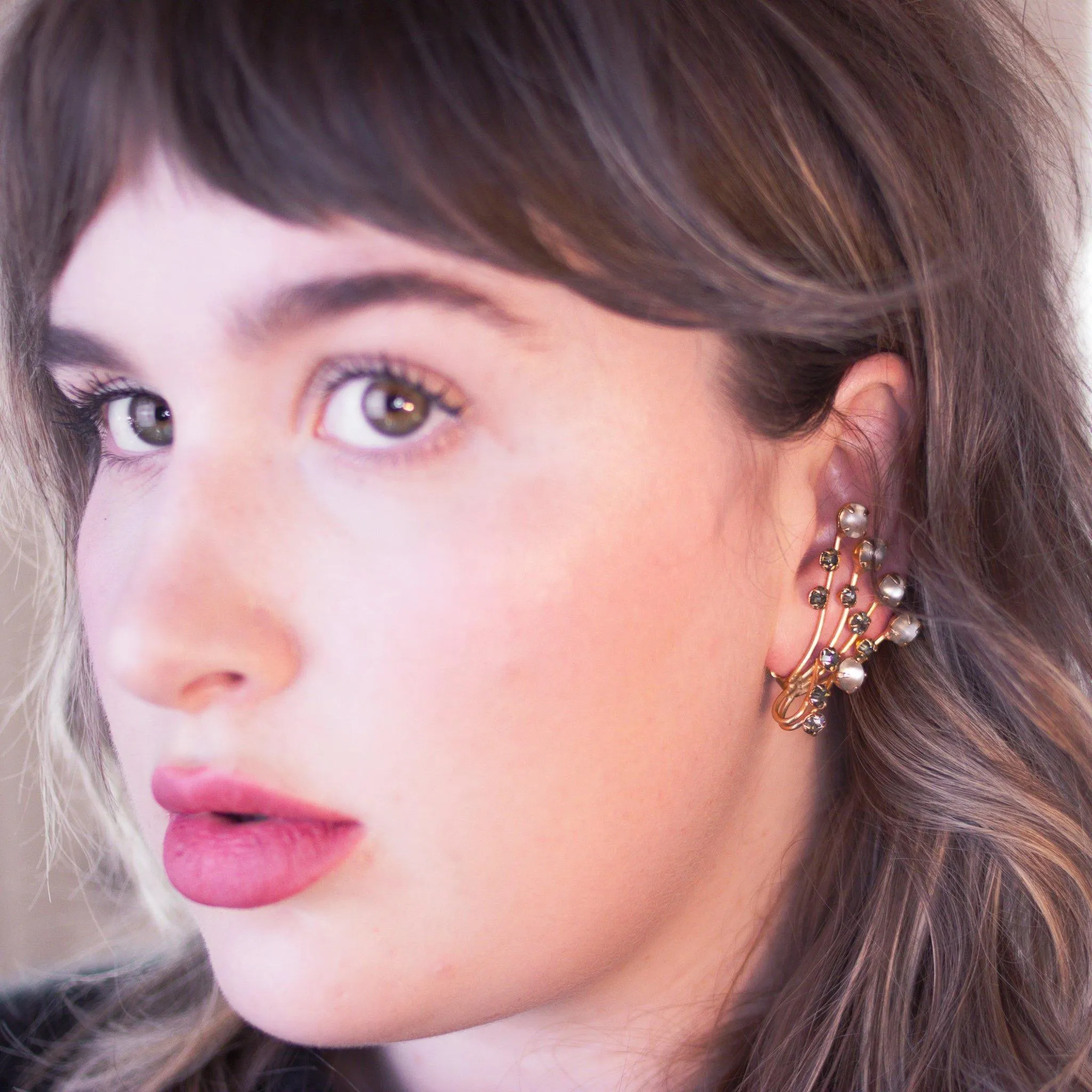 Vintage Smoke and Champagne Crystal Starburst Style Ear Crawler Statement Earrings