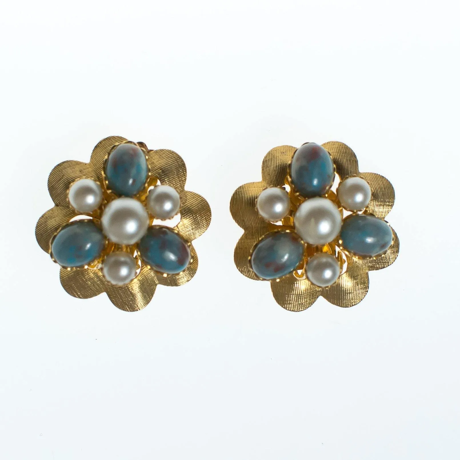 Vintage Speckled Blue and Pearl Gold Crimped Medallion Earrings