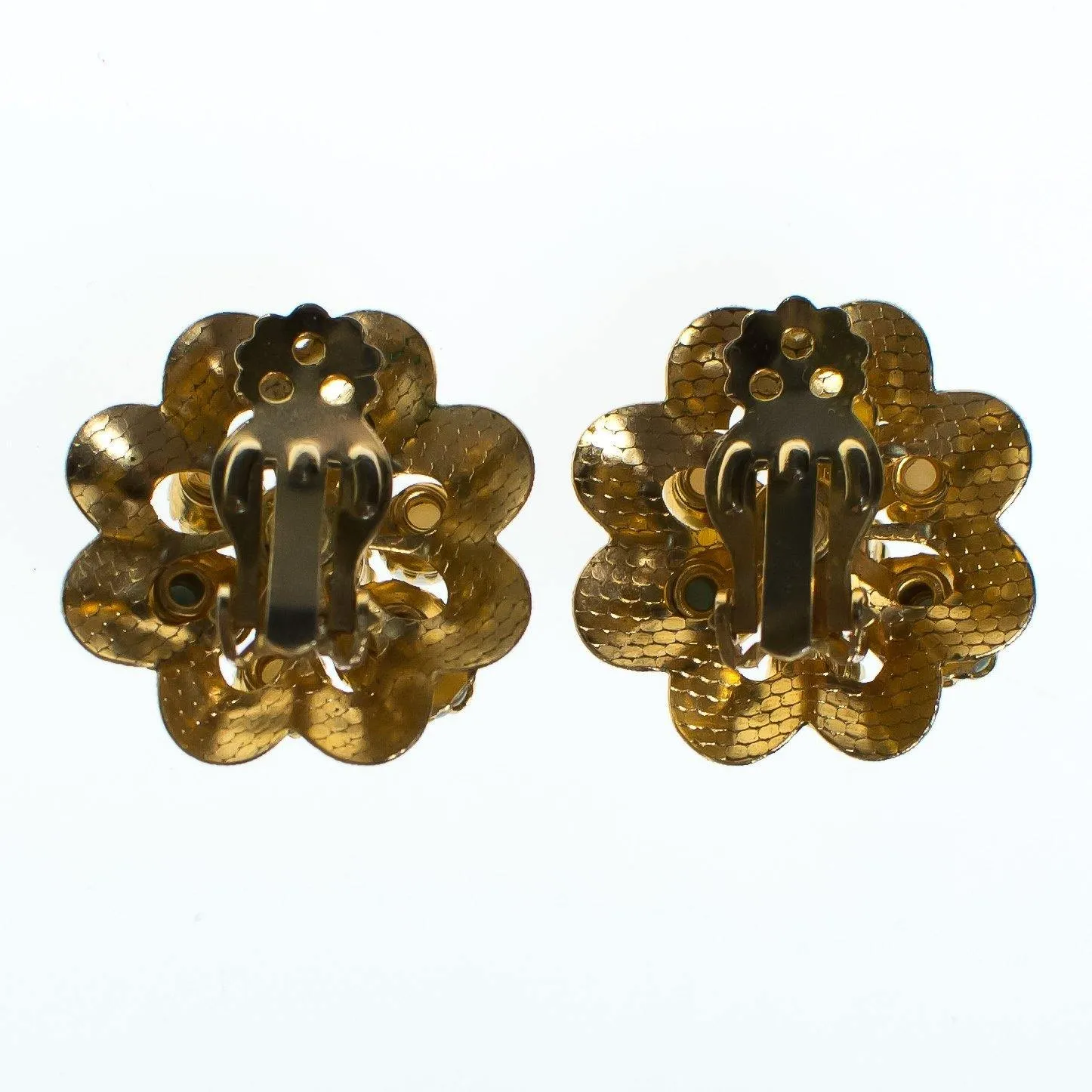 Vintage Speckled Blue and Pearl Gold Crimped Medallion Earrings