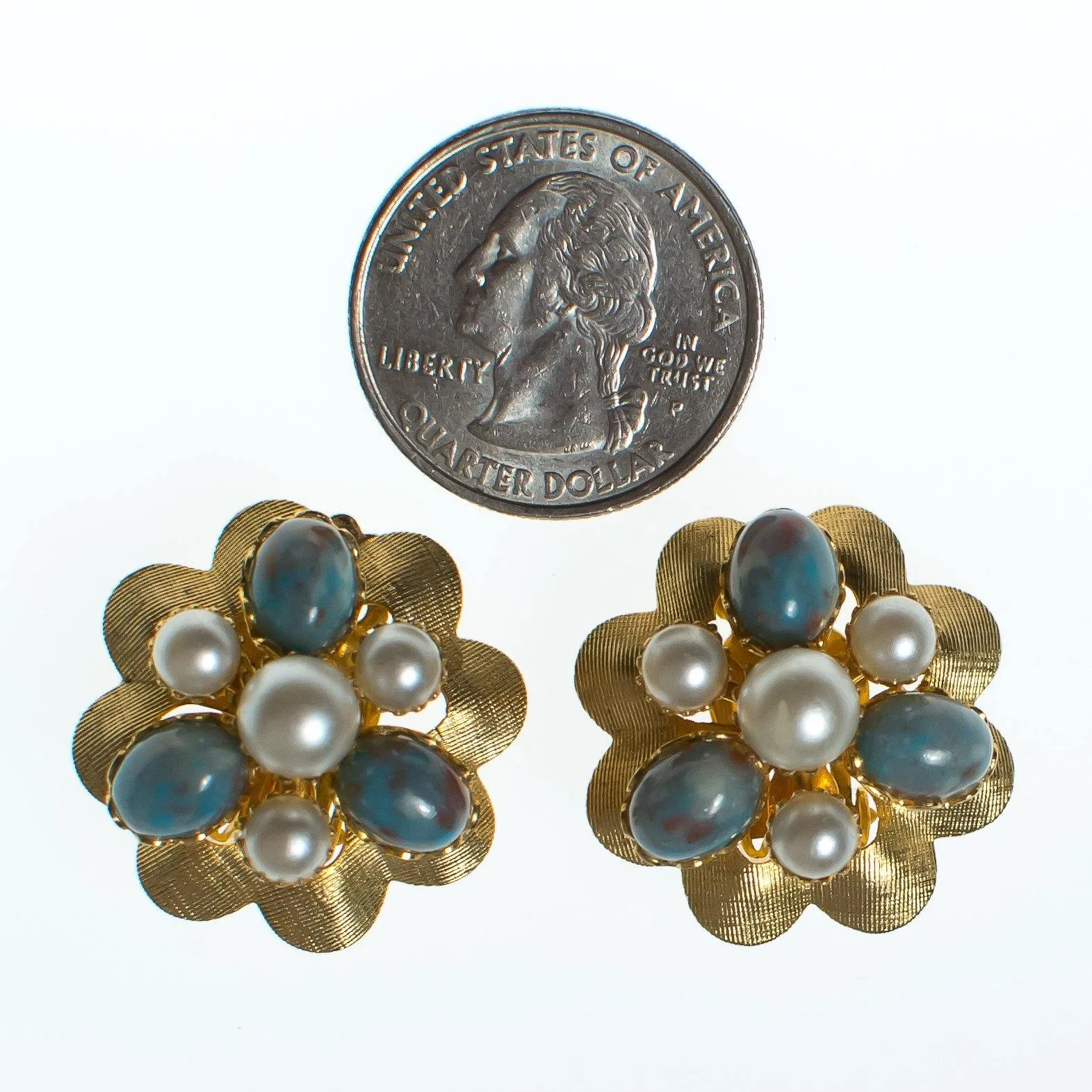 Vintage Speckled Blue and Pearl Gold Crimped Medallion Earrings