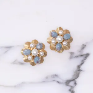 Vintage Speckled Blue and Pearl Gold Crimped Medallion Earrings