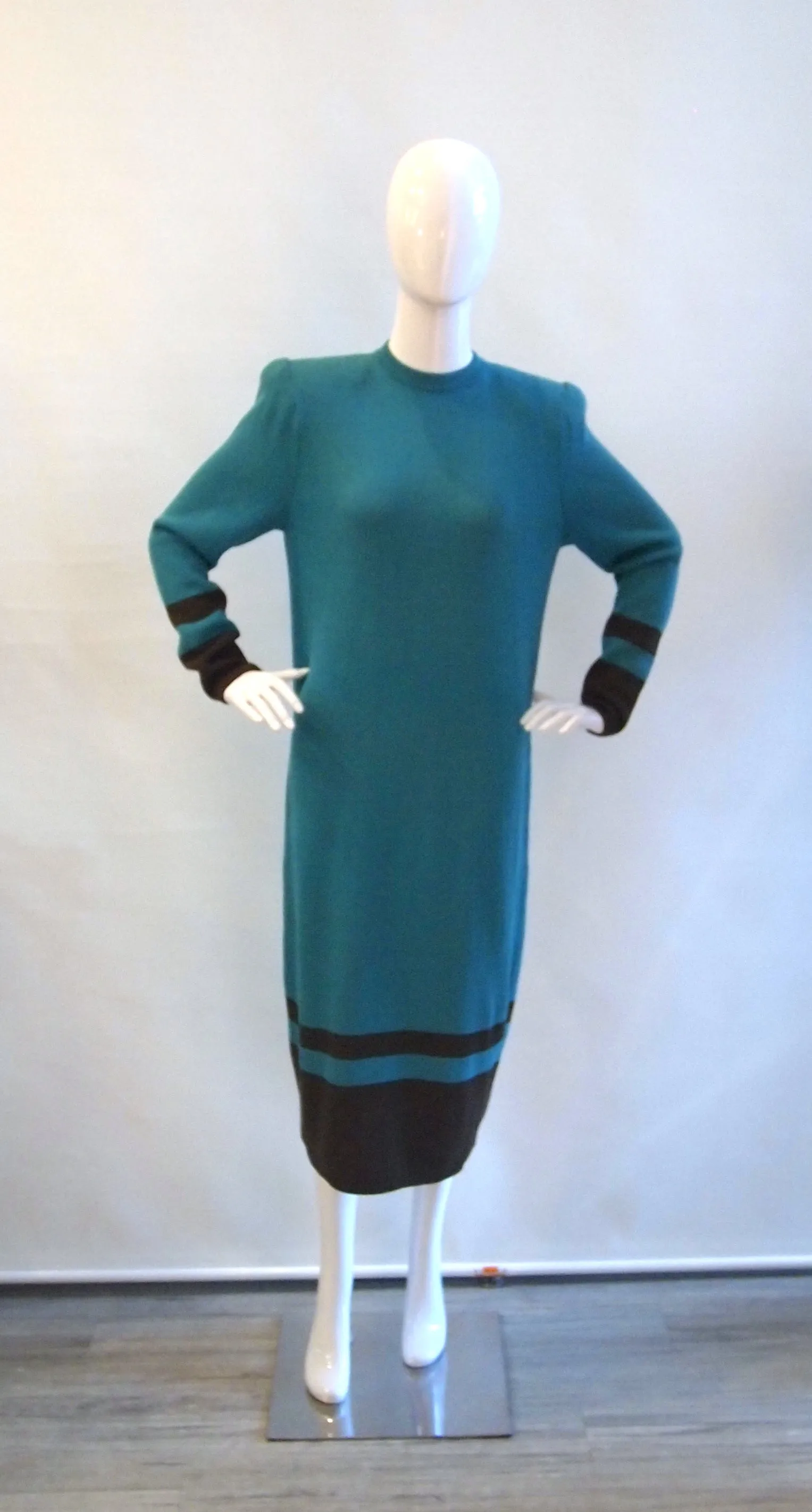 Vintage St. John turquoise green wool knit dress with brown trim