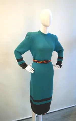 Vintage St. John turquoise green wool knit dress with brown trim