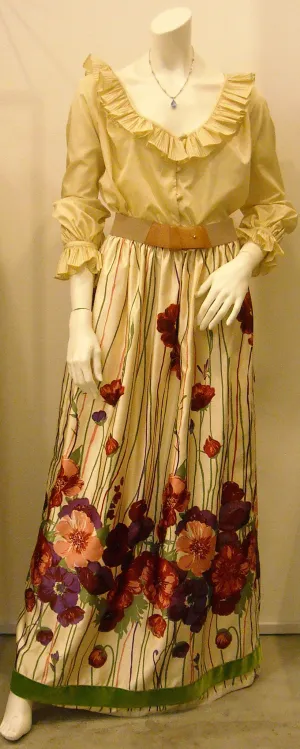 Vintage Victor Costa cream frilled top w floral skirt set