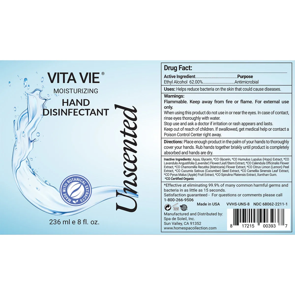Vita Vie Moisturizing Hand Disinfectant Gel, Unscented, 8 oz (35 Count)