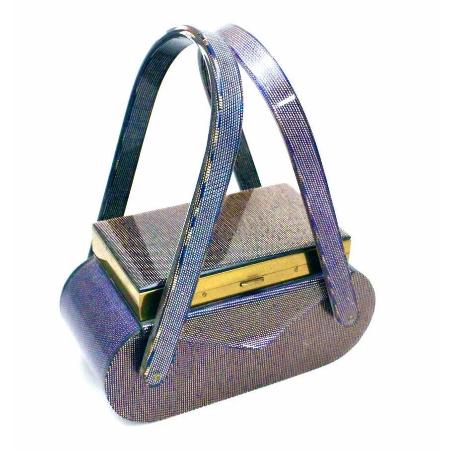VTG Wilardy Periwinkle Iridescent Lucite Bag With Compact In Lid 1940s Box Purse