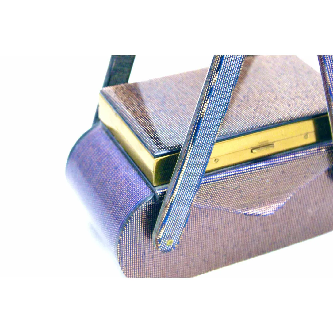 VTG Wilardy Periwinkle Iridescent Lucite Bag With Compact In Lid 1940s Box Purse