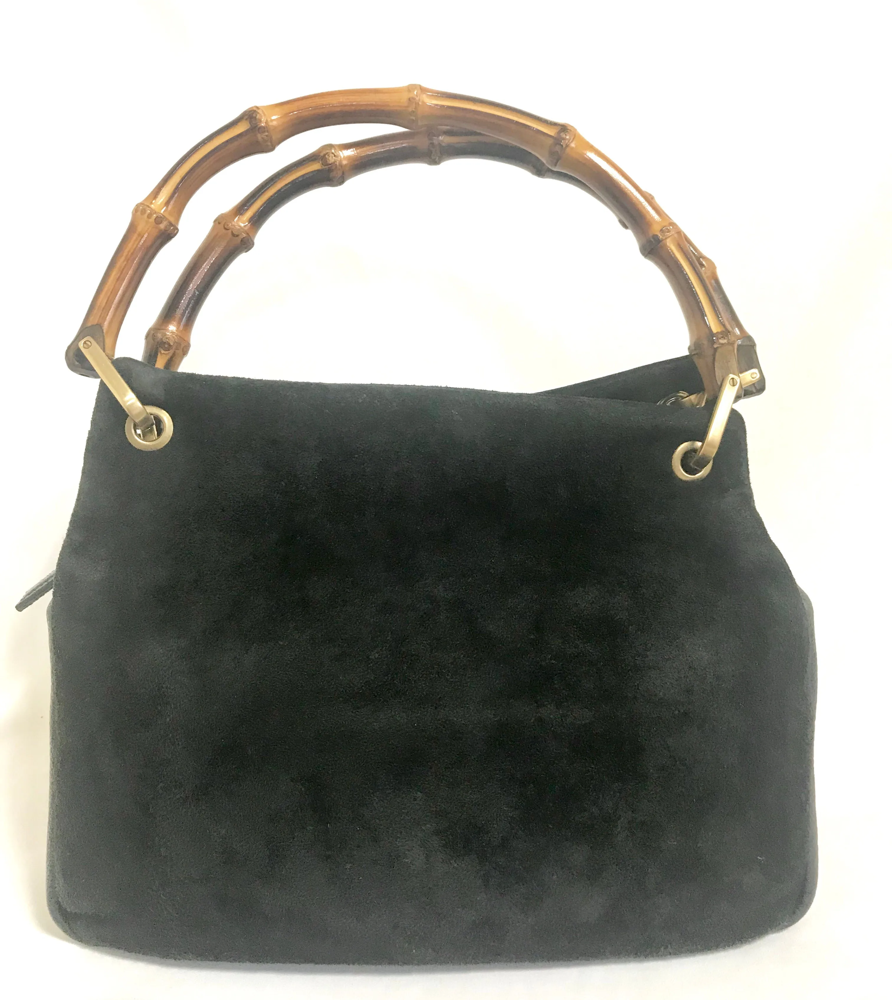 W4 Vintage Gucci black suede leather handbag with bamboo handles. Classic purse from Bamboo collection.