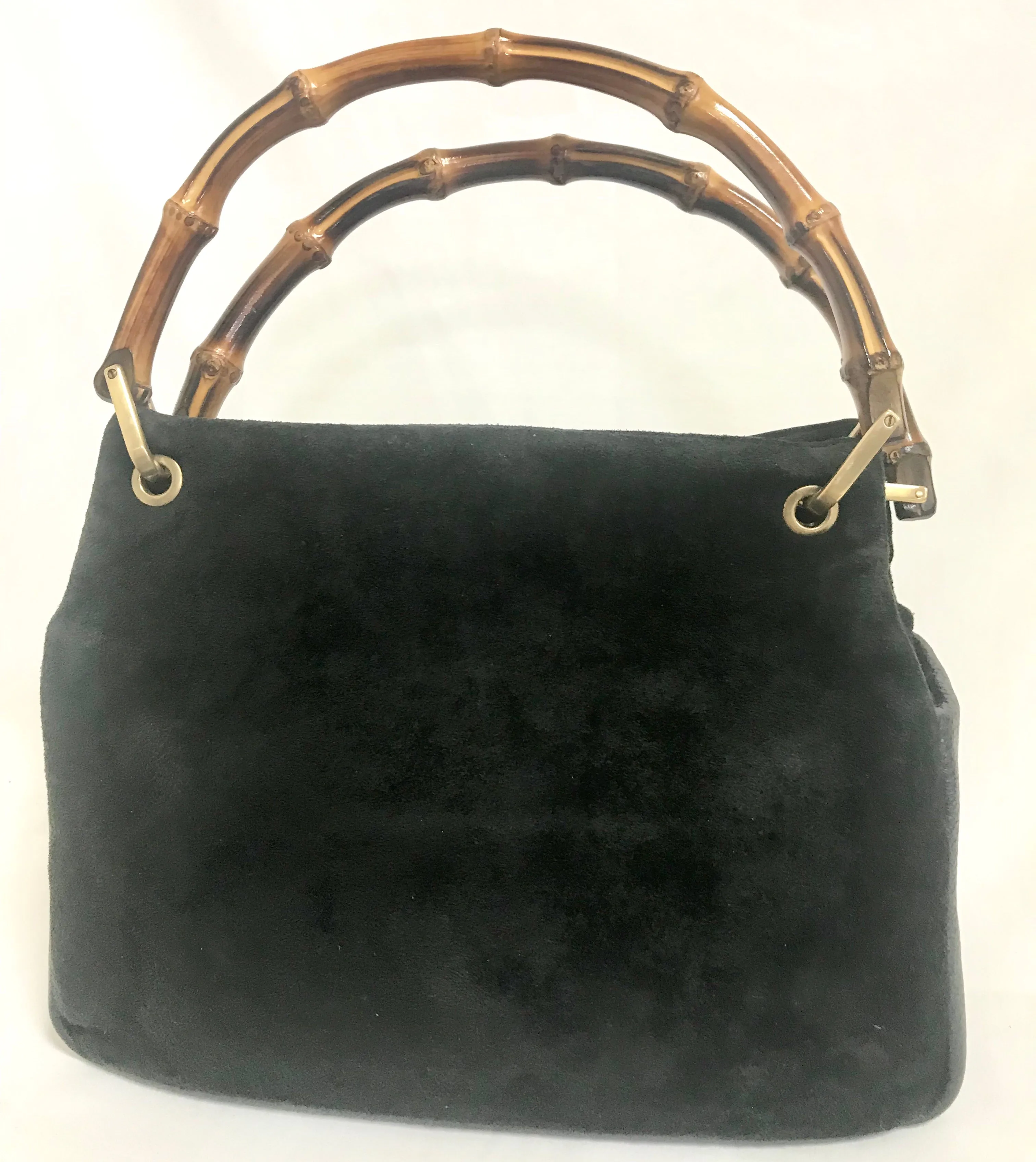 W4 Vintage Gucci black suede leather handbag with bamboo handles. Classic purse from Bamboo collection.