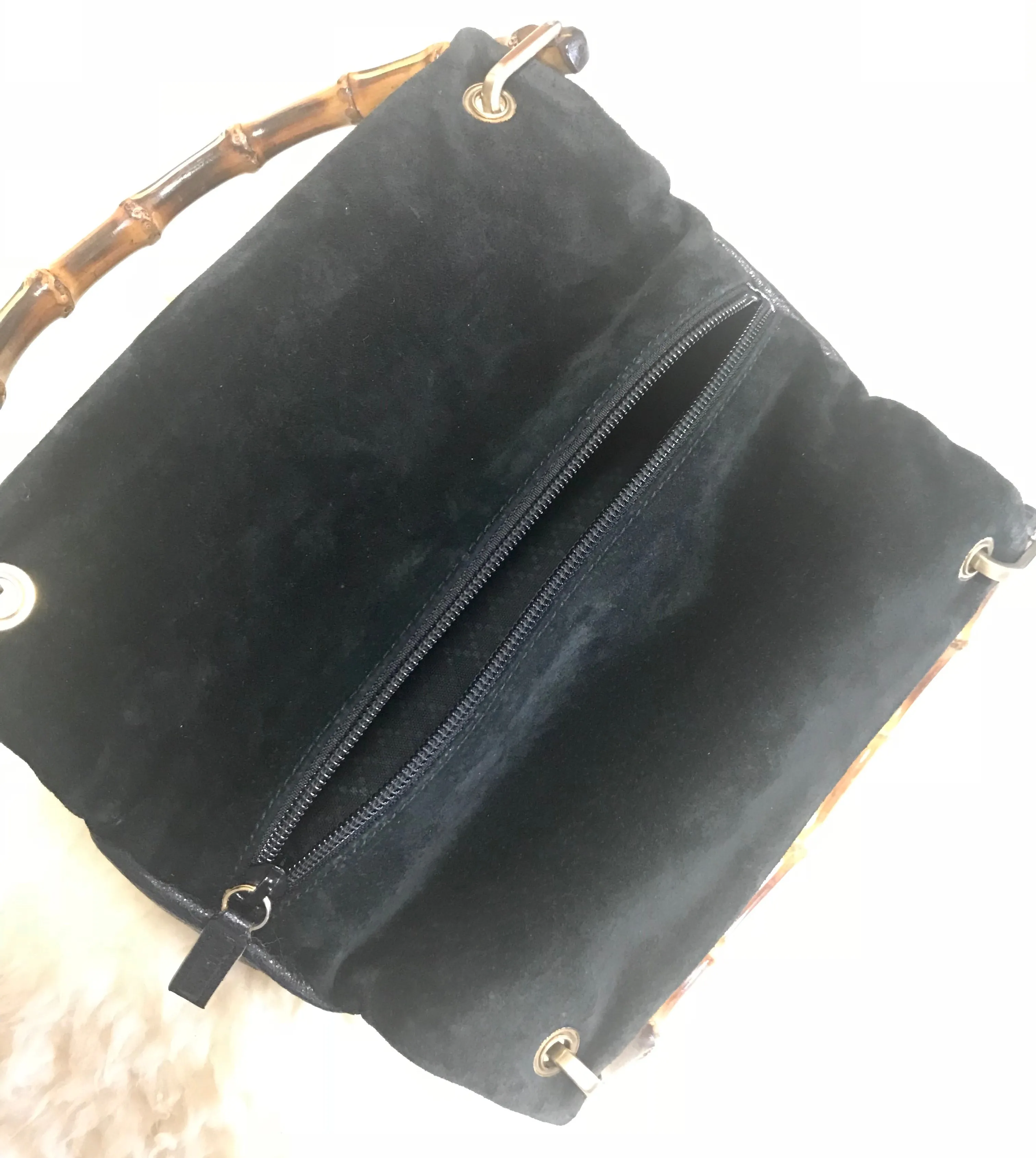 W4 Vintage Gucci black suede leather handbag with bamboo handles. Classic purse from Bamboo collection.