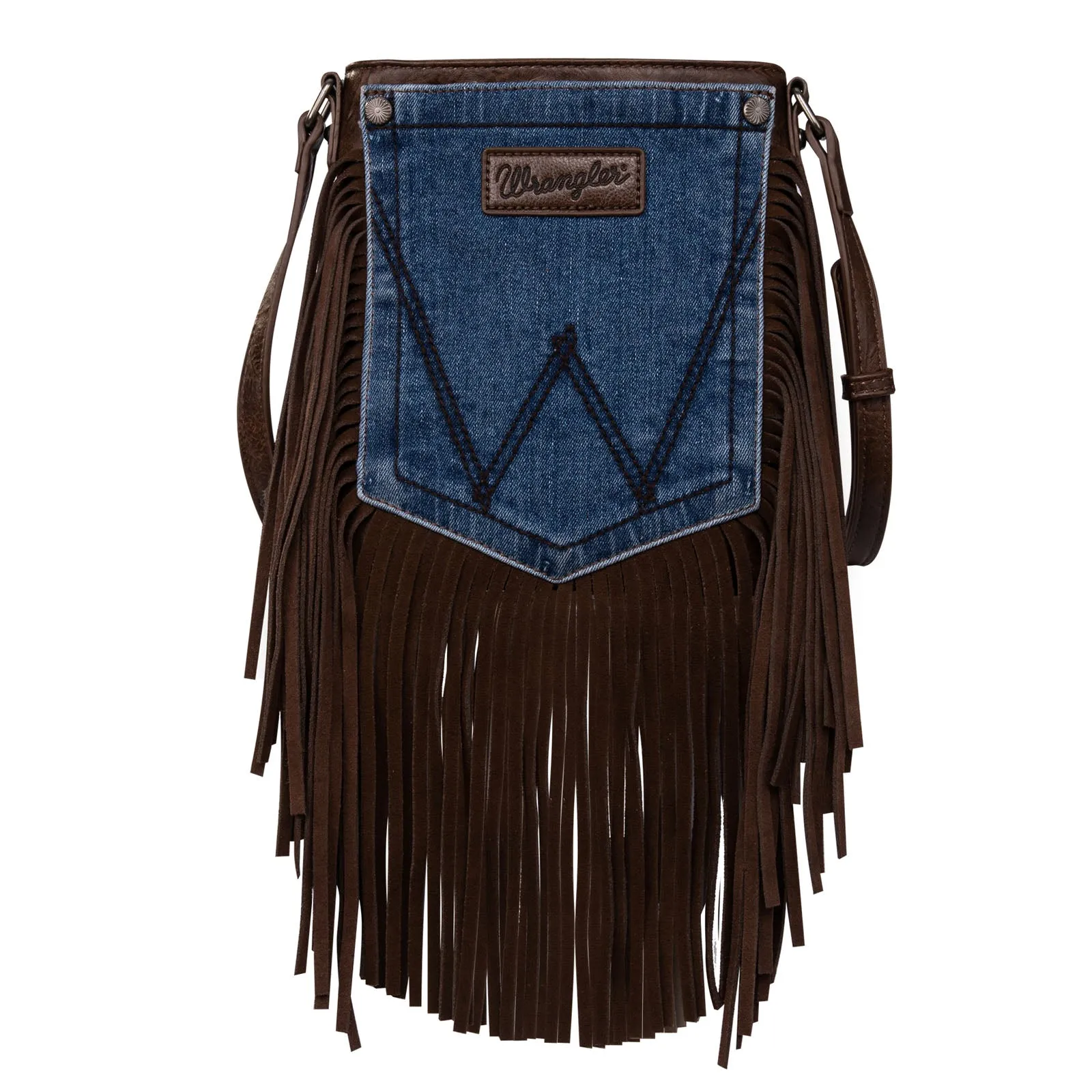 WG44-8360 Wrangler Leather Fringe Jean Denim Pocket Crossbody - Coffee