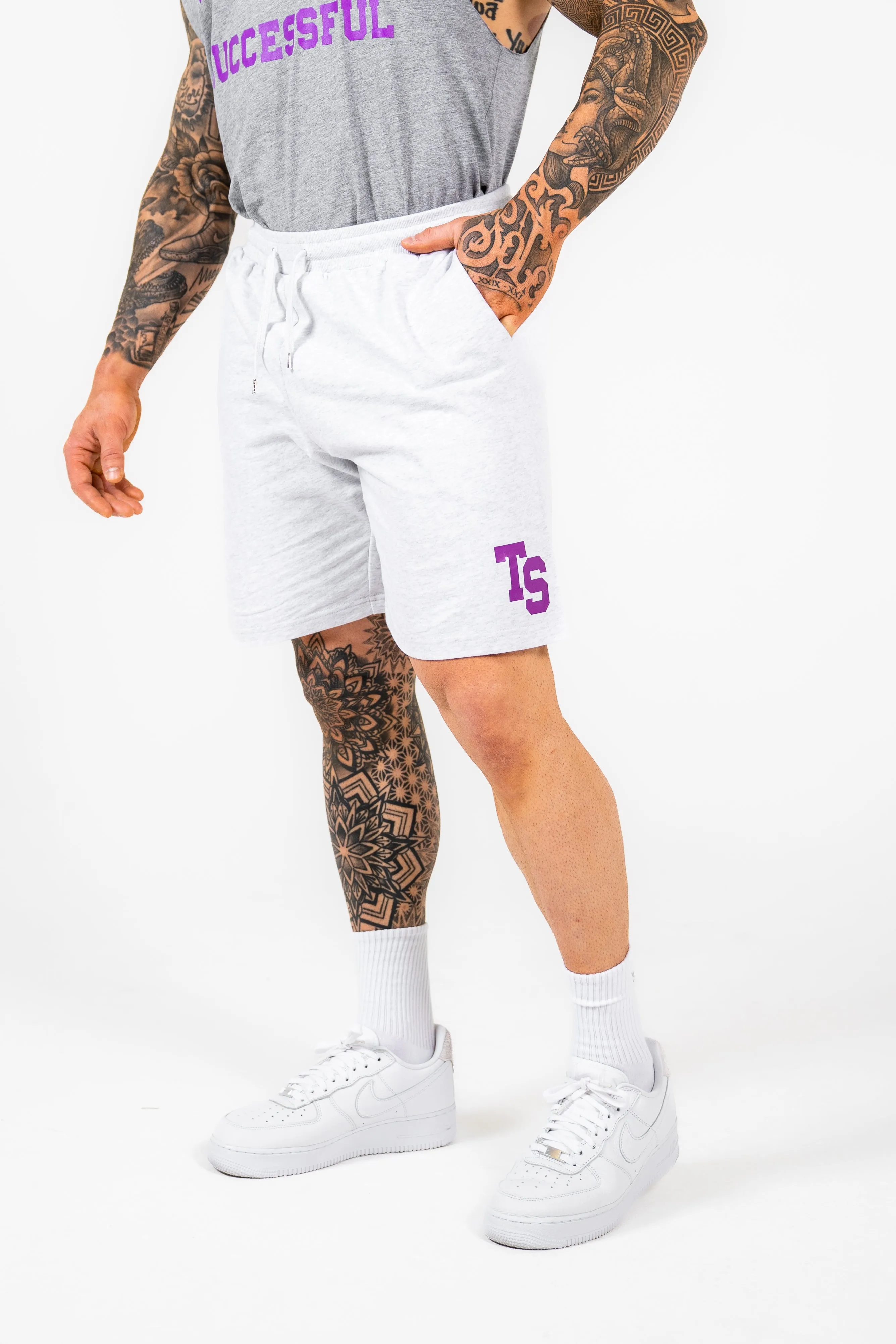 WKND Mens Comfort Shorts - White Heather w/ Purple
