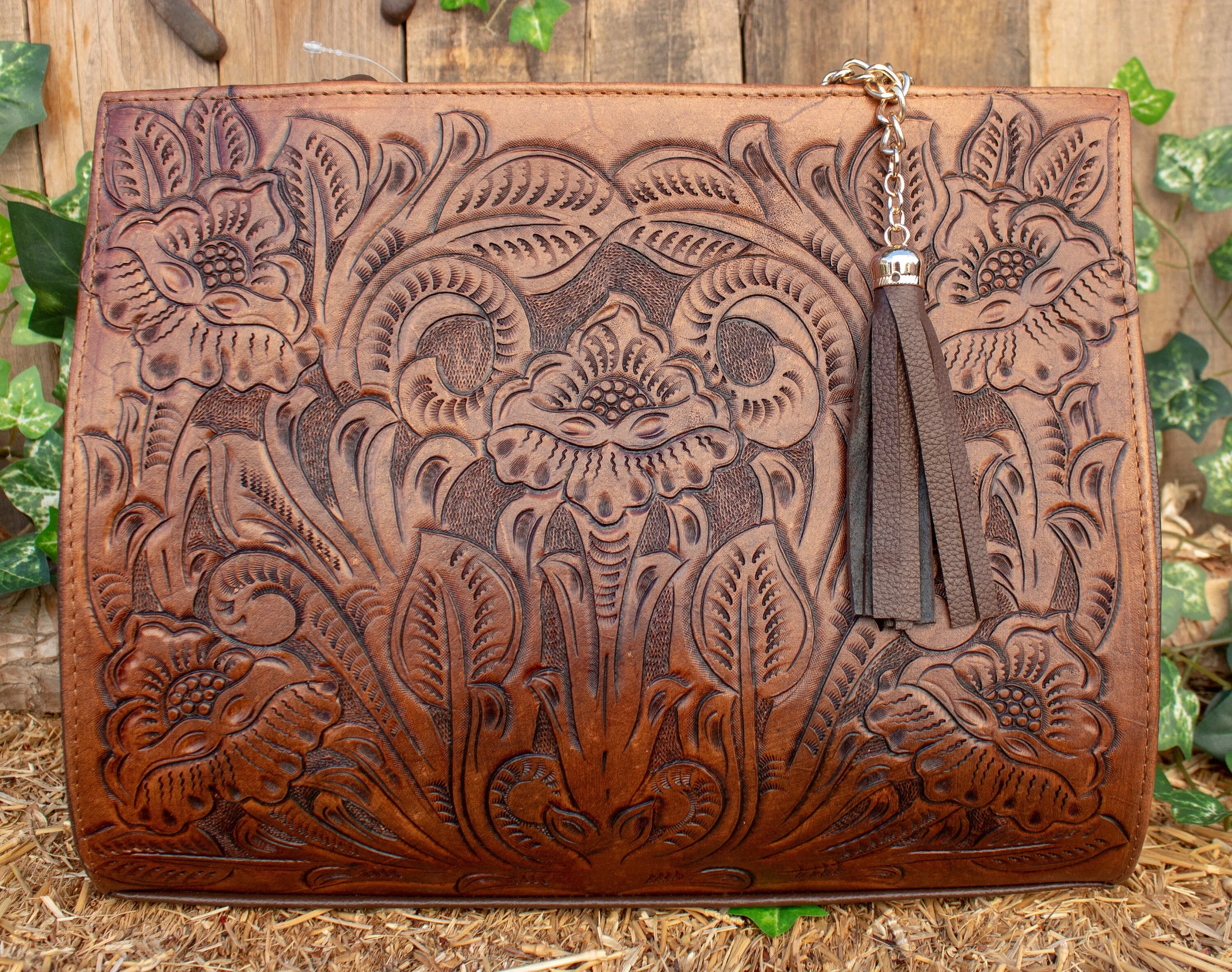 WOMENS FLORAL STAMPED Hand tooled genuine leather tote bag purse