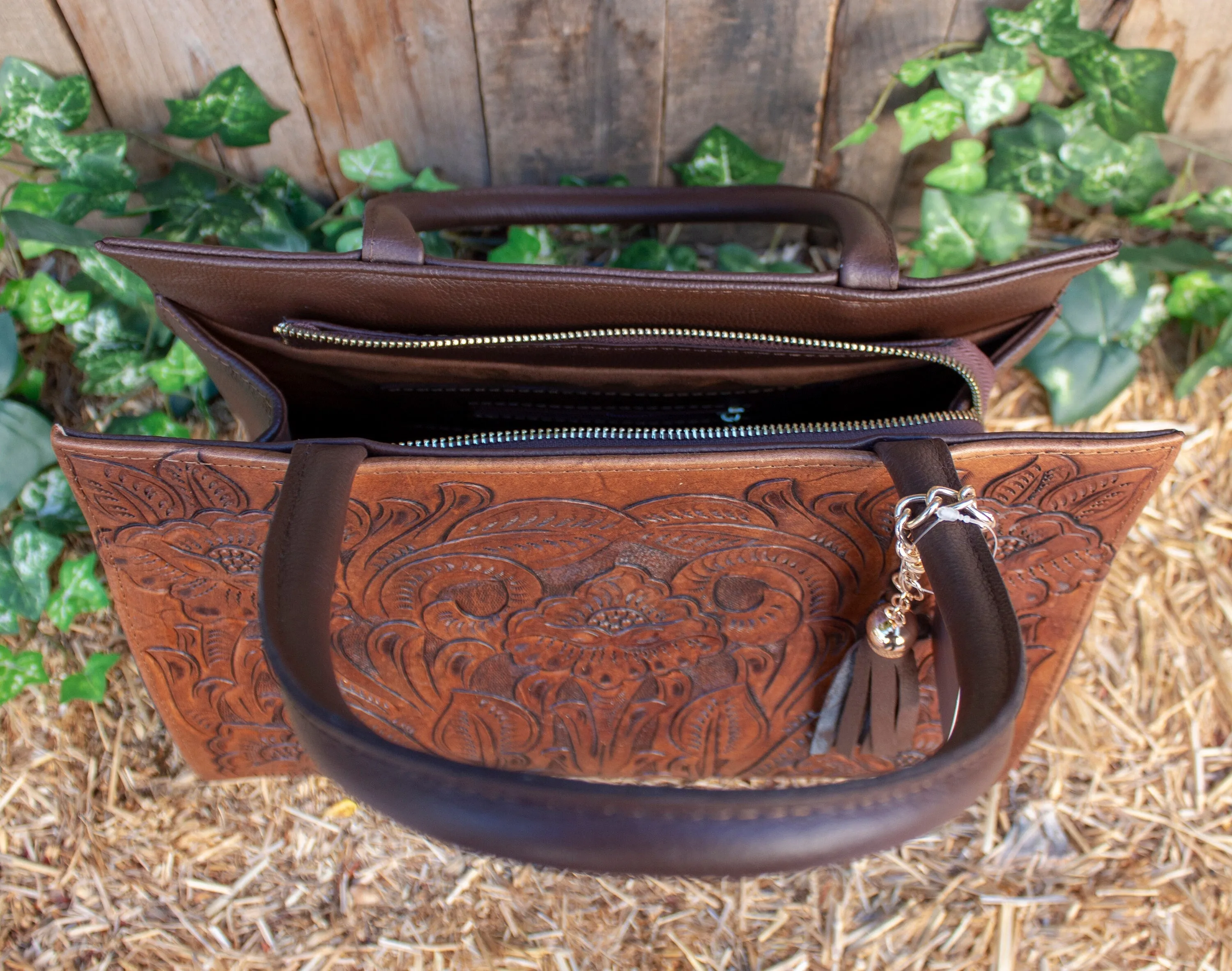 WOMENS FLORAL STAMPED Hand tooled genuine leather tote bag purse