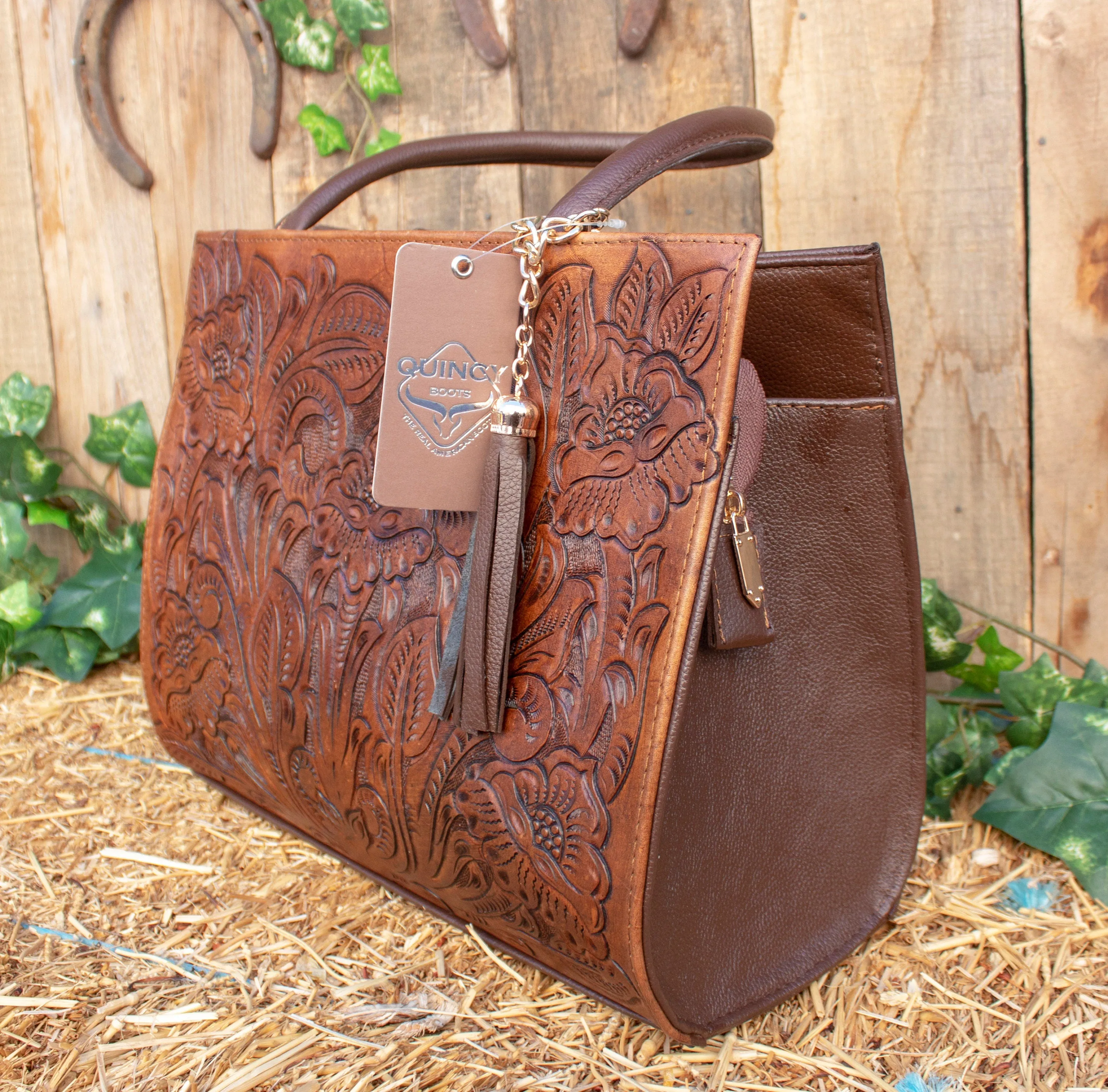 WOMENS FLORAL STAMPED Hand tooled genuine leather tote bag purse