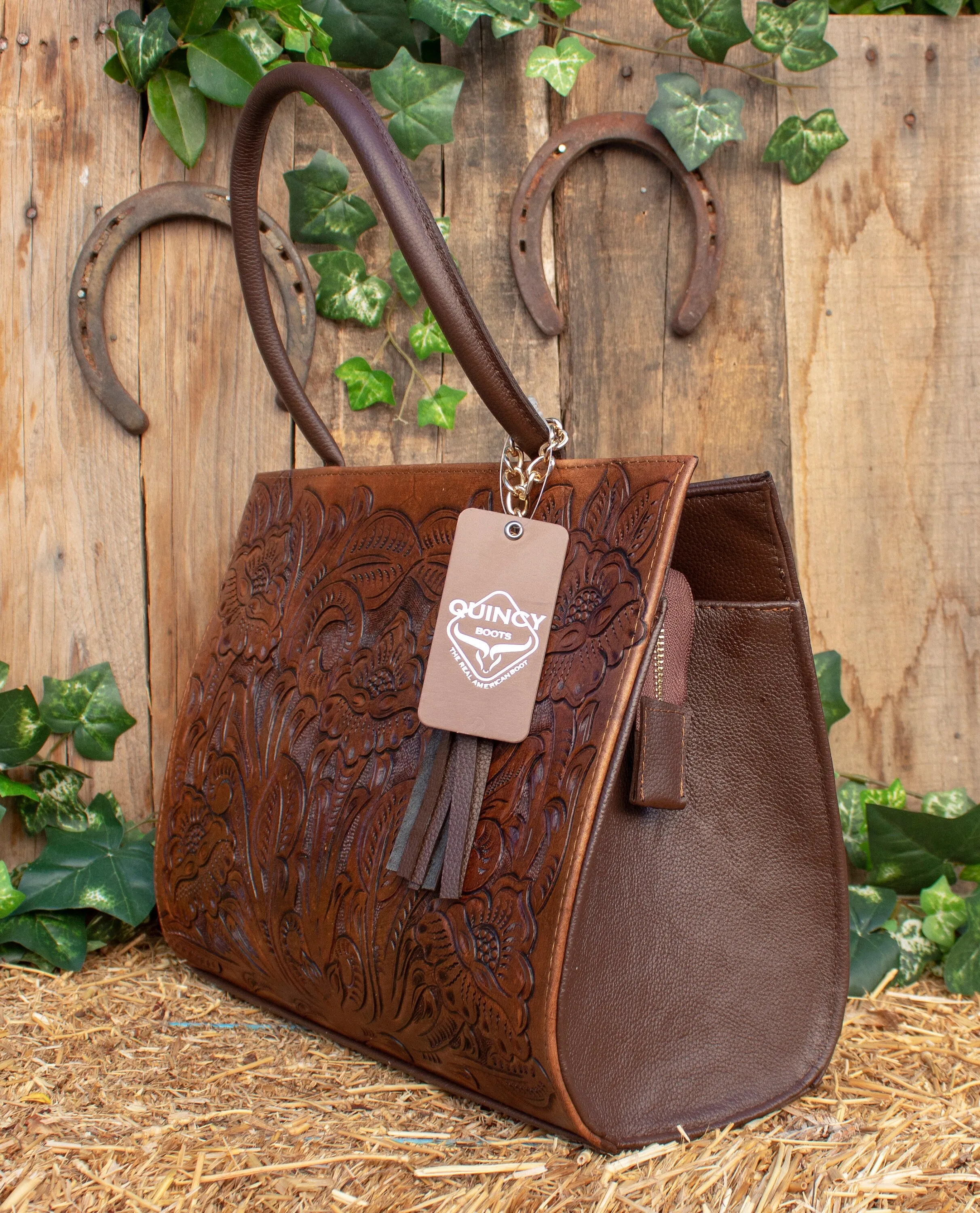 WOMENS FLORAL STAMPED Hand tooled genuine leather tote bag purse