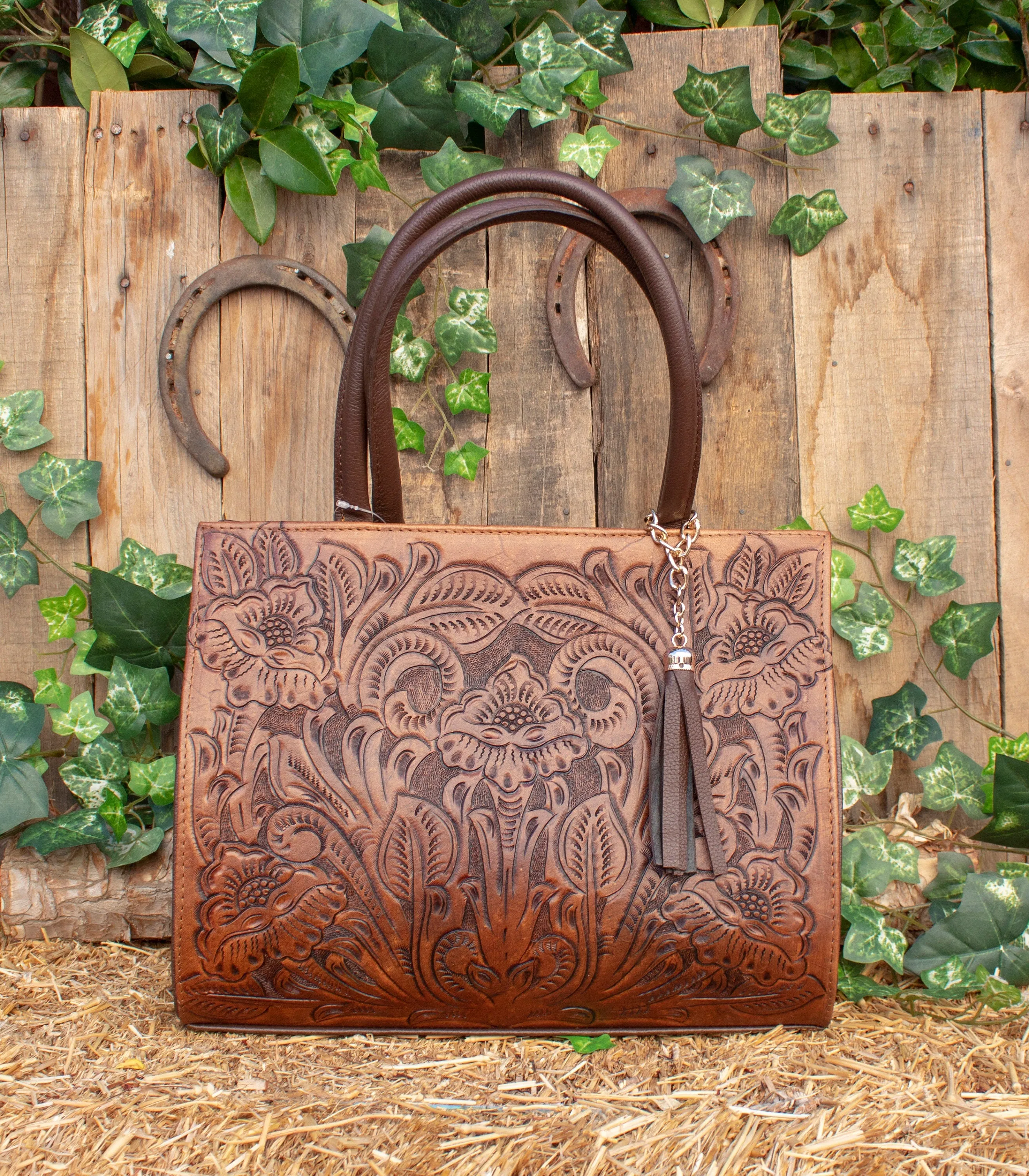 WOMENS FLORAL STAMPED Hand tooled genuine leather tote bag purse