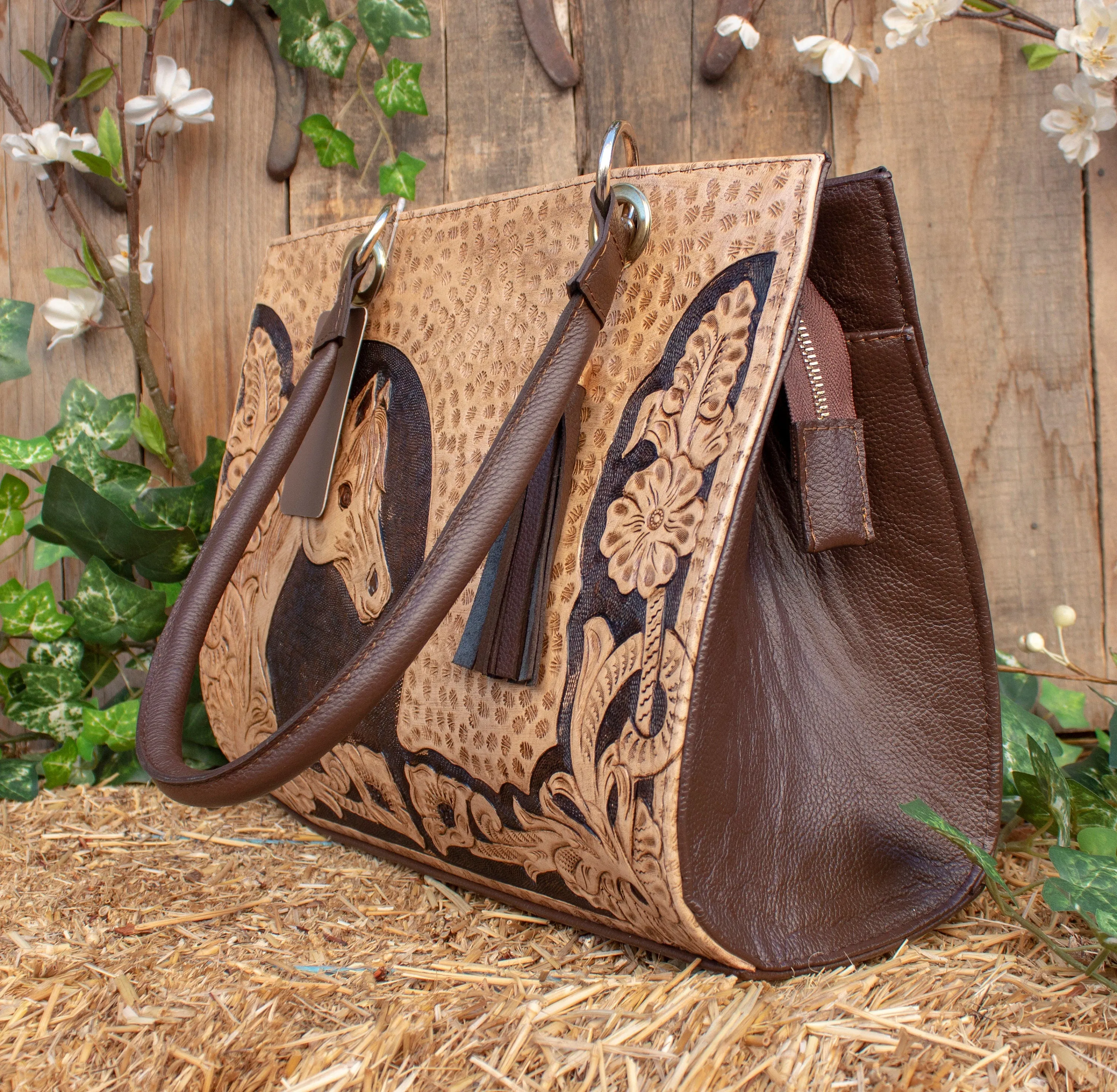 WOMENS HORSE STAMPED Hand tooled full grain leather Cowgirl tote bag purse
