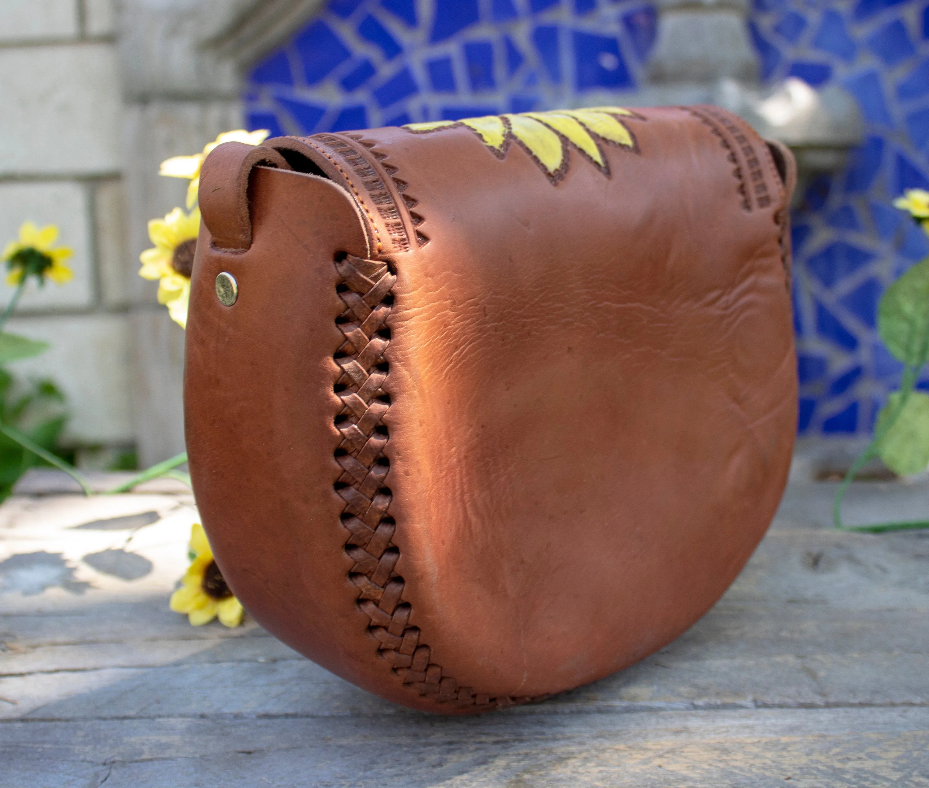 WOMENS SUNFLOWER STAMPED Hand tooled genuine leather tote bag purse