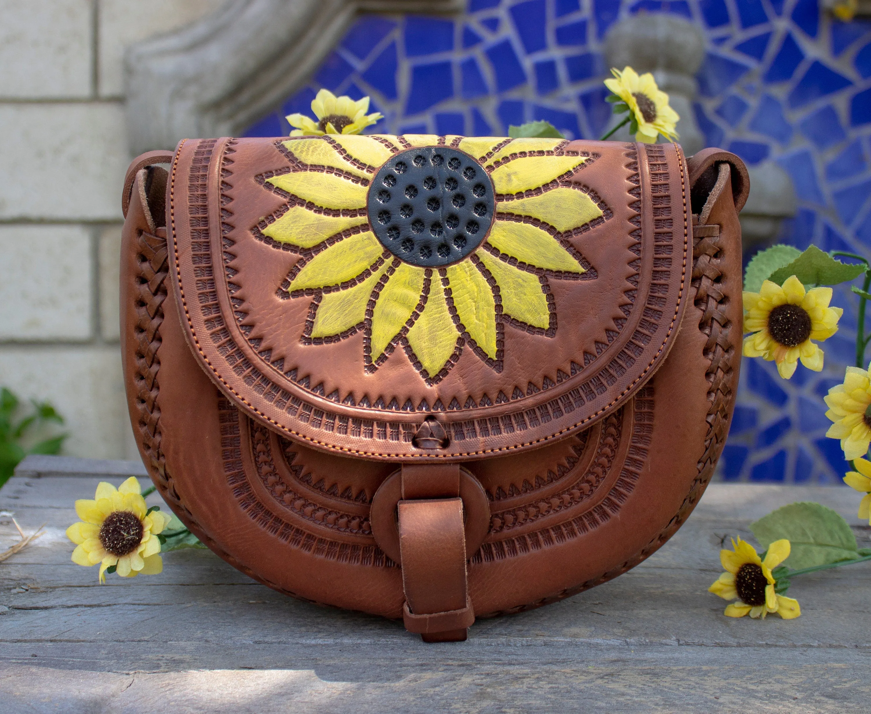 WOMENS SUNFLOWER STAMPED Hand tooled genuine leather tote bag purse