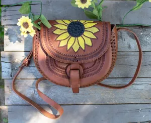 WOMENS SUNFLOWER STAMPED Hand tooled genuine leather tote bag purse