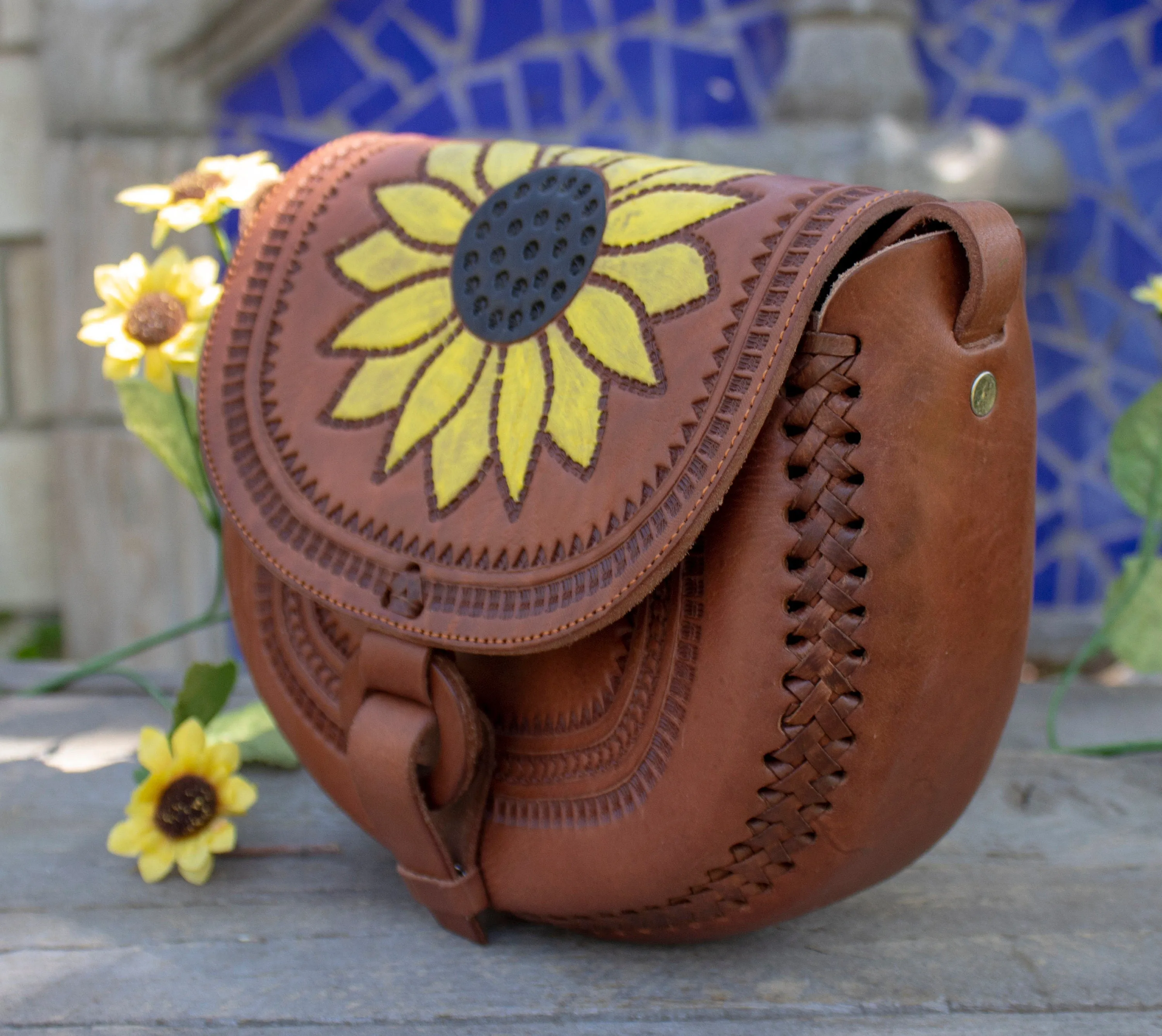 WOMENS SUNFLOWER STAMPED Hand tooled genuine leather tote bag purse