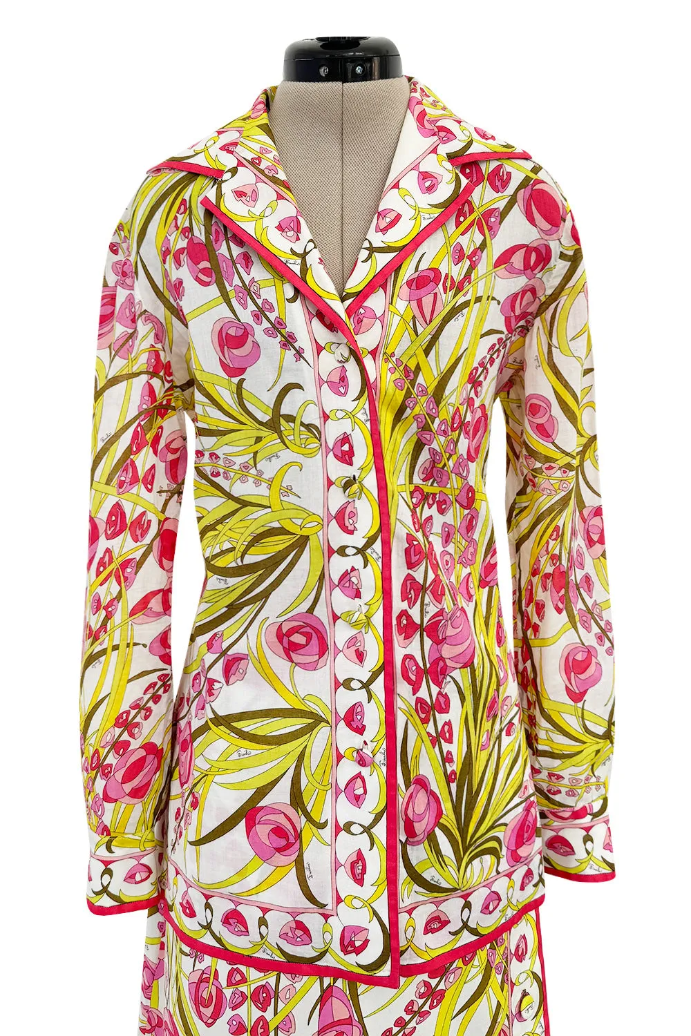 Wonderful 1960s Emilio Pucci Two Piece Cotton & Cotton Voile Pink & Yellow Skirt & Top Set