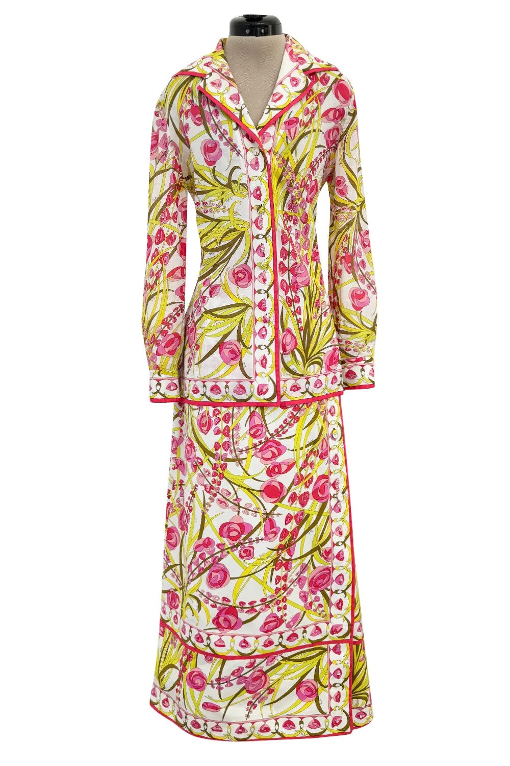 Wonderful 1960s Emilio Pucci Two Piece Cotton & Cotton Voile Pink & Yellow Skirt & Top Set