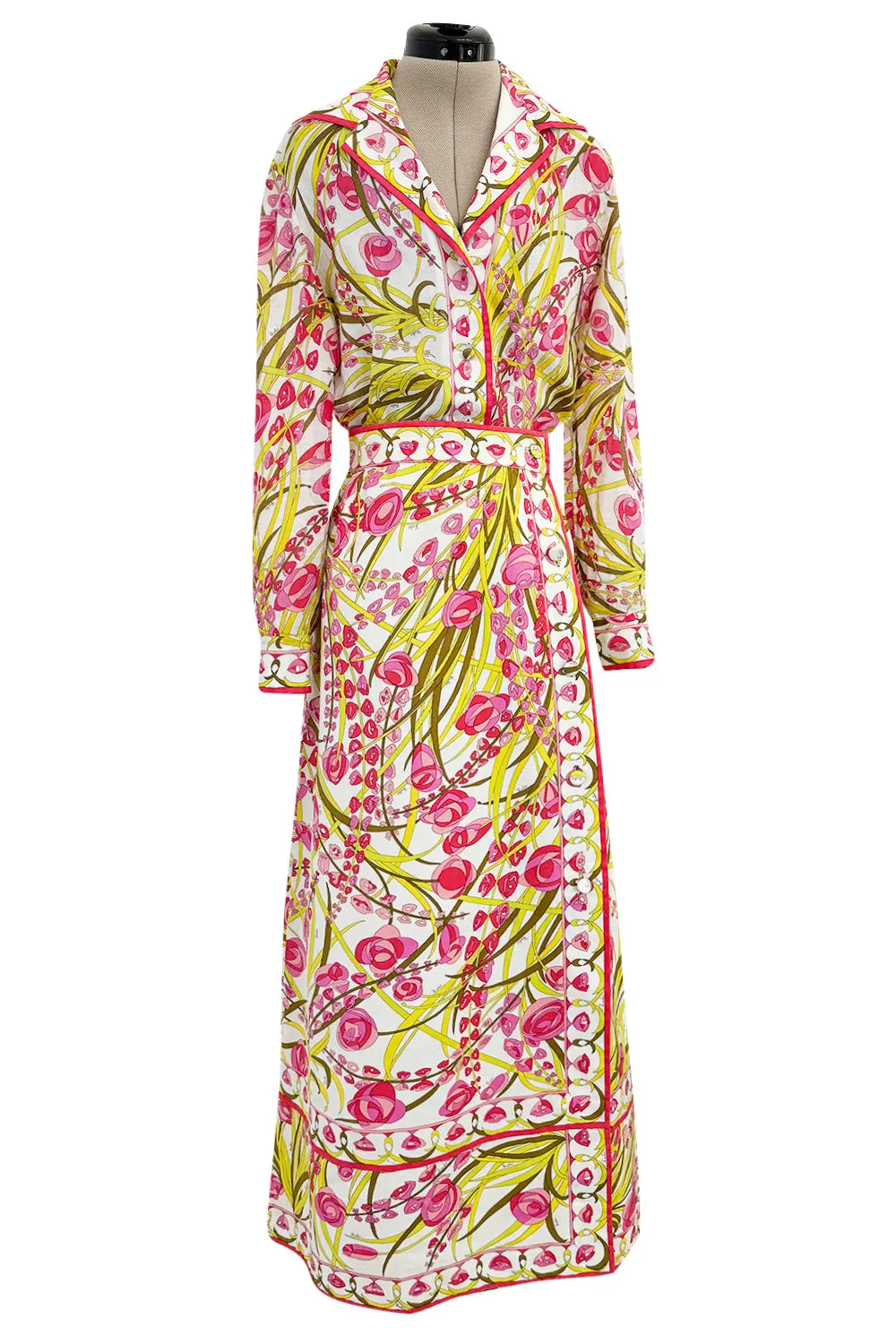 Wonderful 1960s Emilio Pucci Two Piece Cotton & Cotton Voile Pink & Yellow Skirt & Top Set