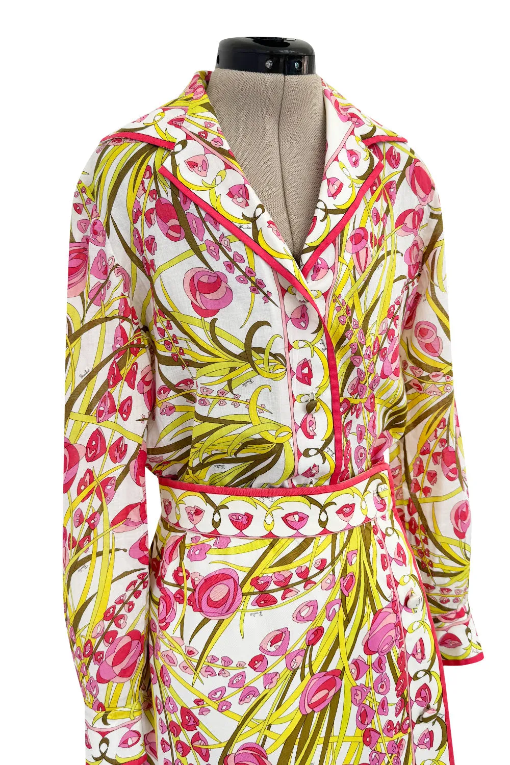 Wonderful 1960s Emilio Pucci Two Piece Cotton & Cotton Voile Pink & Yellow Skirt & Top Set