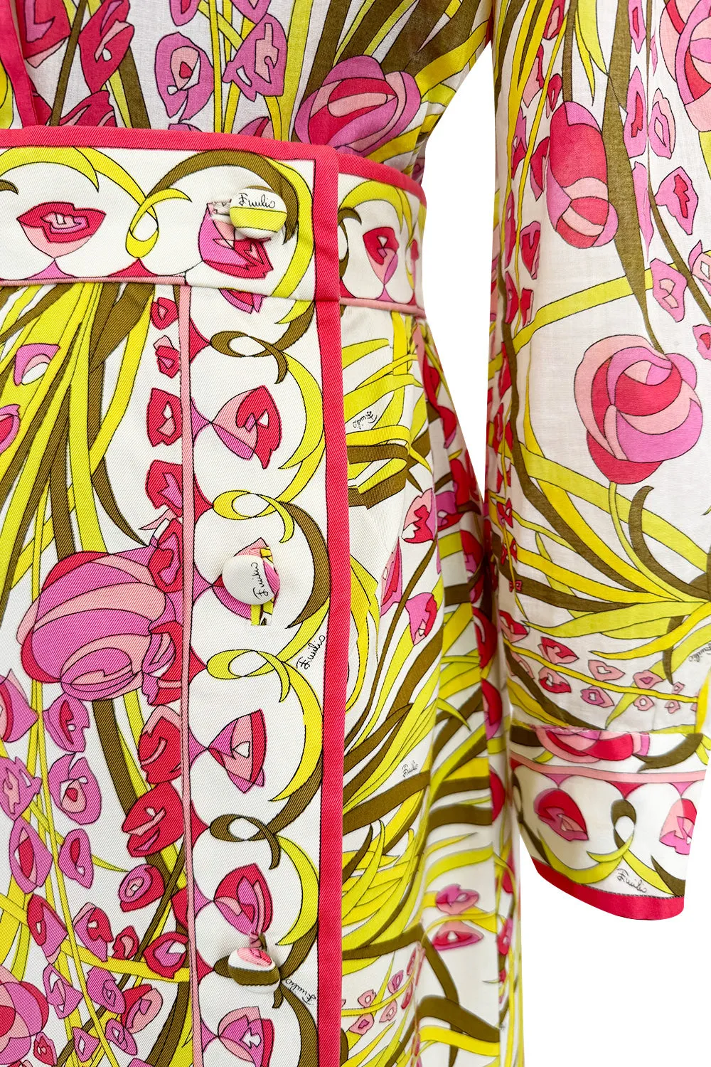 Wonderful 1960s Emilio Pucci Two Piece Cotton & Cotton Voile Pink & Yellow Skirt & Top Set