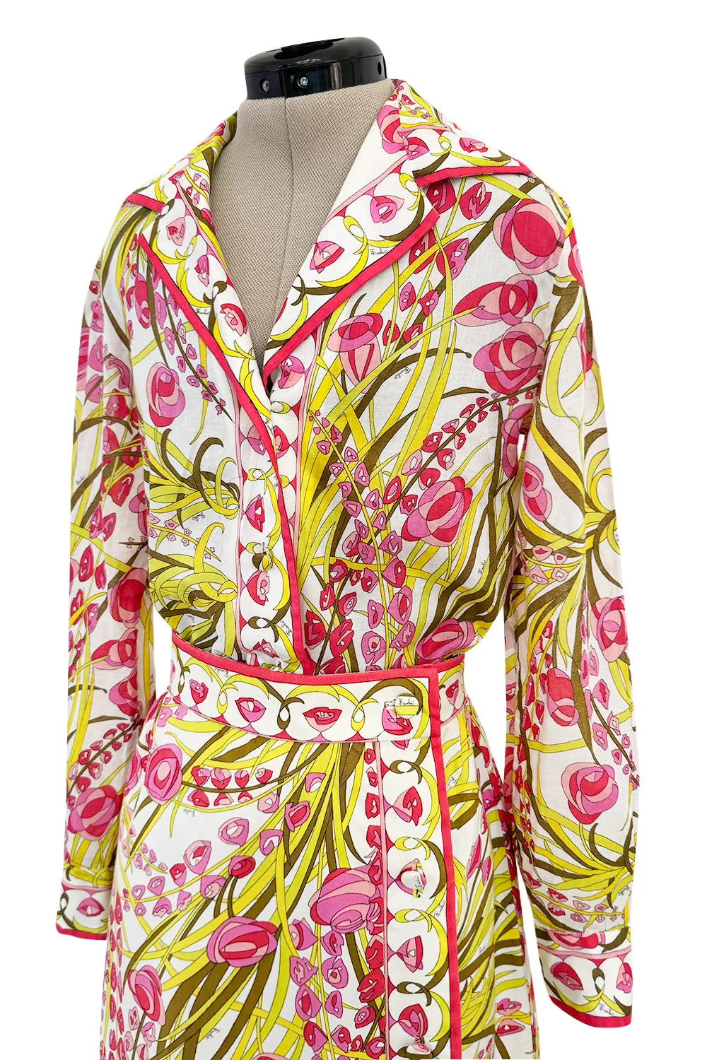 Wonderful 1960s Emilio Pucci Two Piece Cotton & Cotton Voile Pink & Yellow Skirt & Top Set